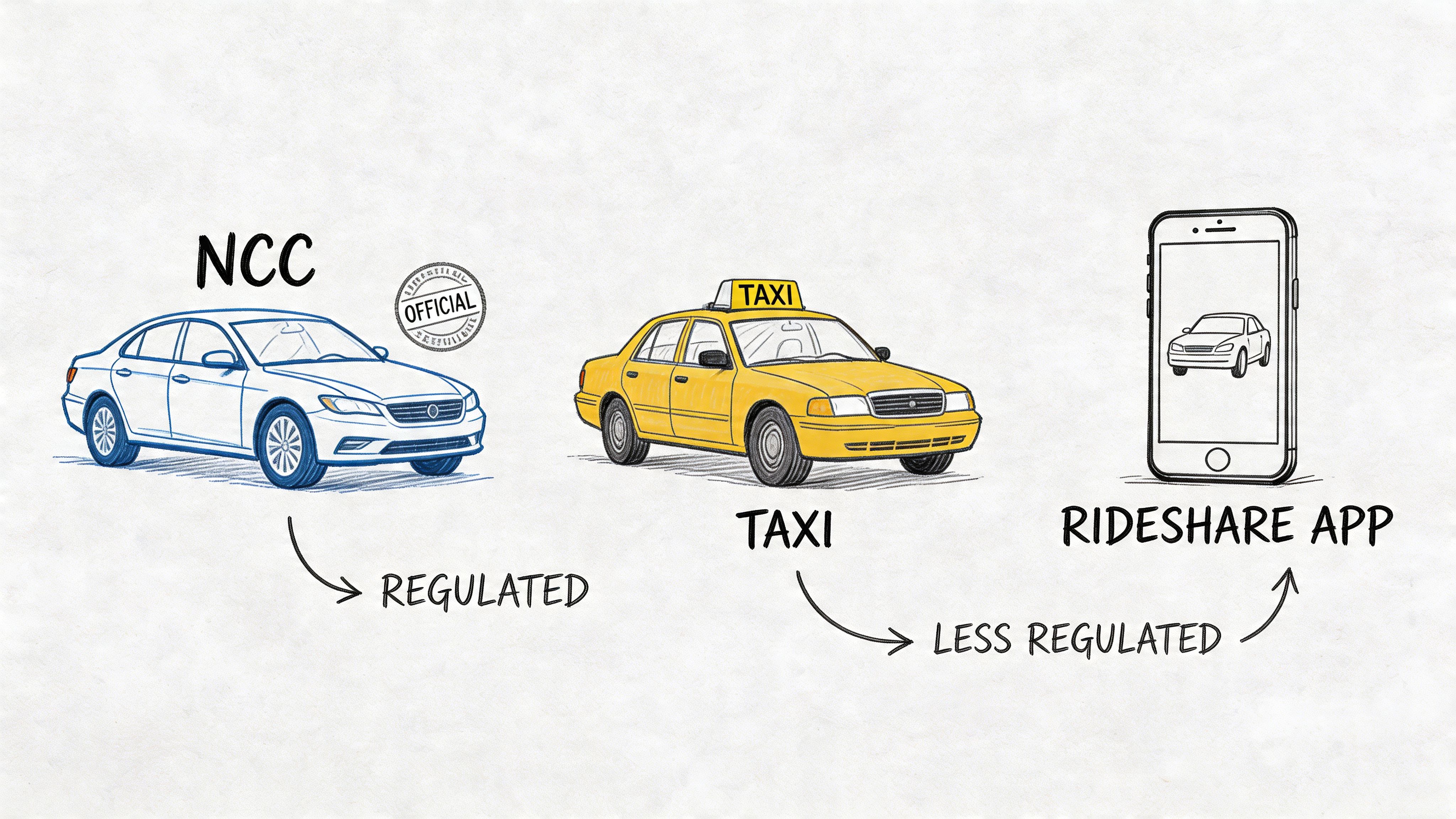 A hand-drawn illustration showing the different levels of regulation between NCC services, taxis, and rideshare apps