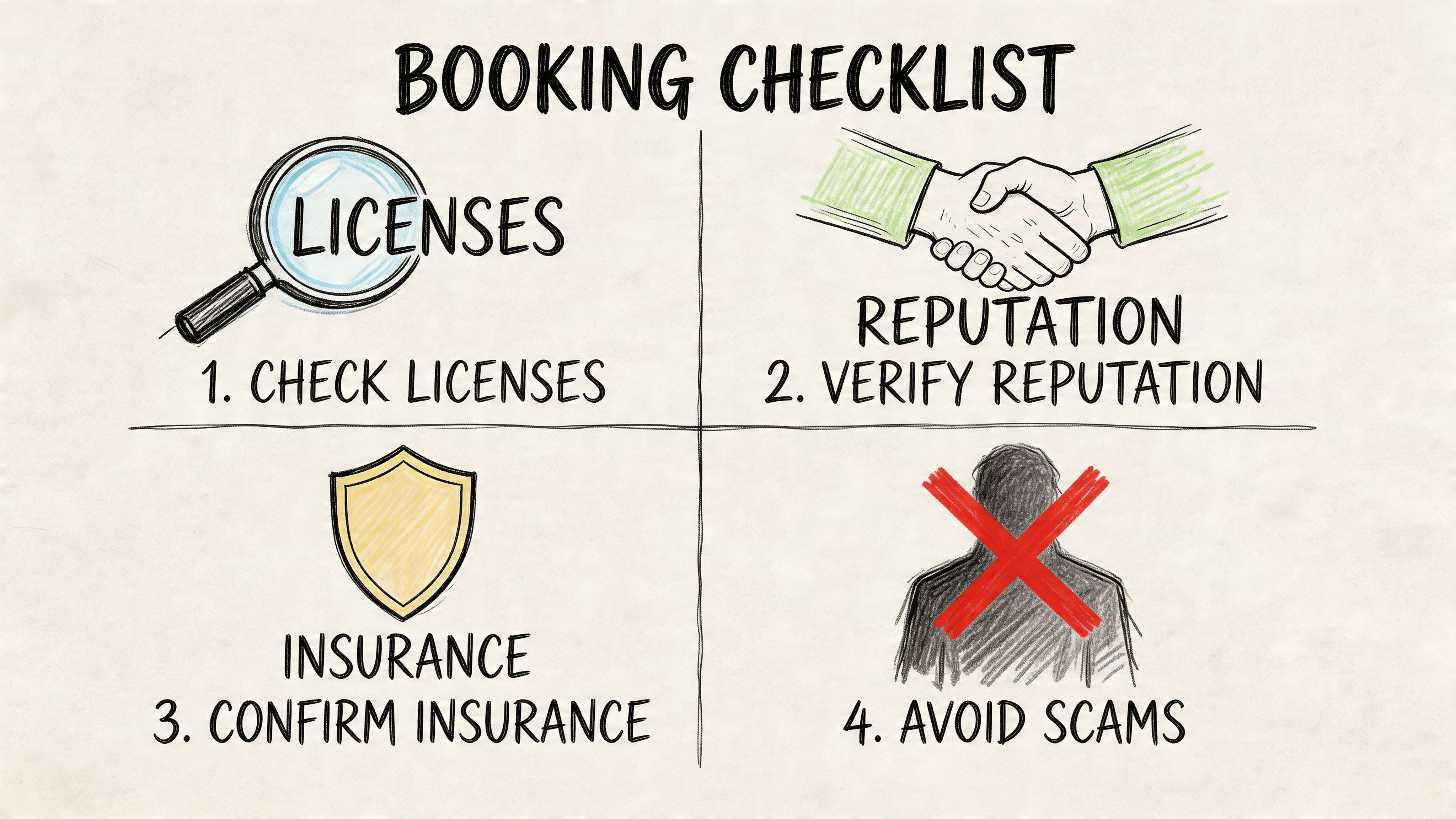 A booking checklist infographic for safety, featuring steps to check licenses, verify reputation, confirm insurance, and avoid scams.