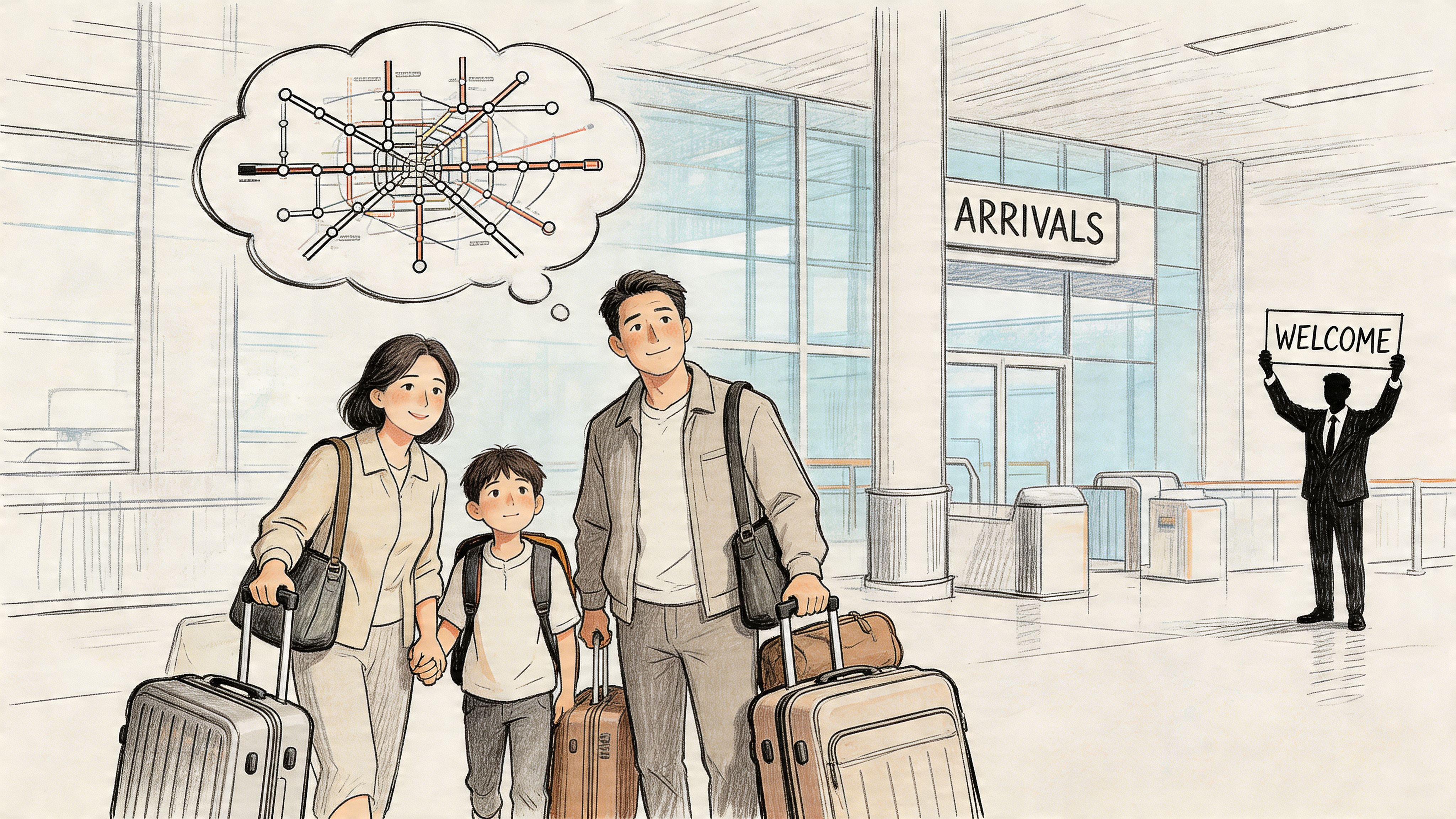 A family arriving at an airport with luggage, looking at a subway map in a thought bubble.