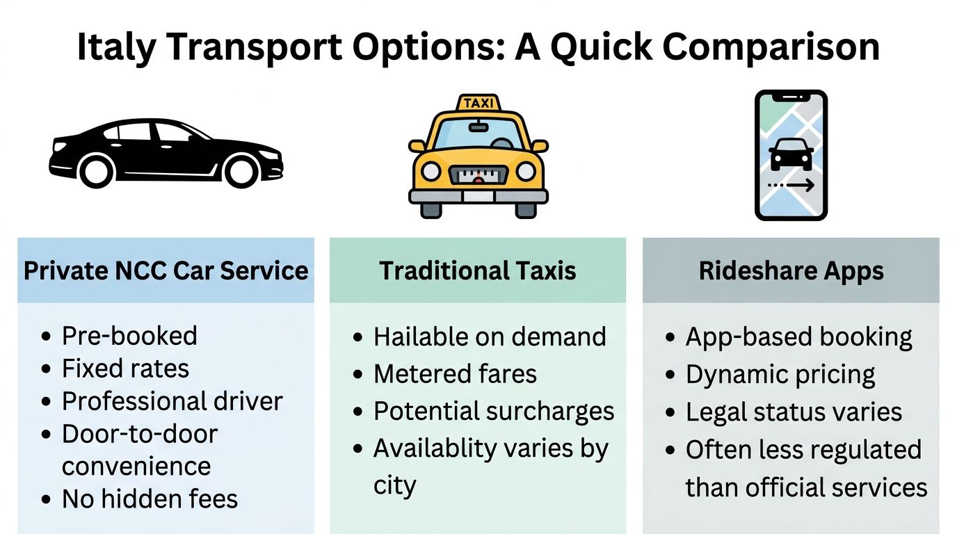 A comparison chart outlining the differences between private NCC car services, traditional taxis, and rideshare apps in Italy.