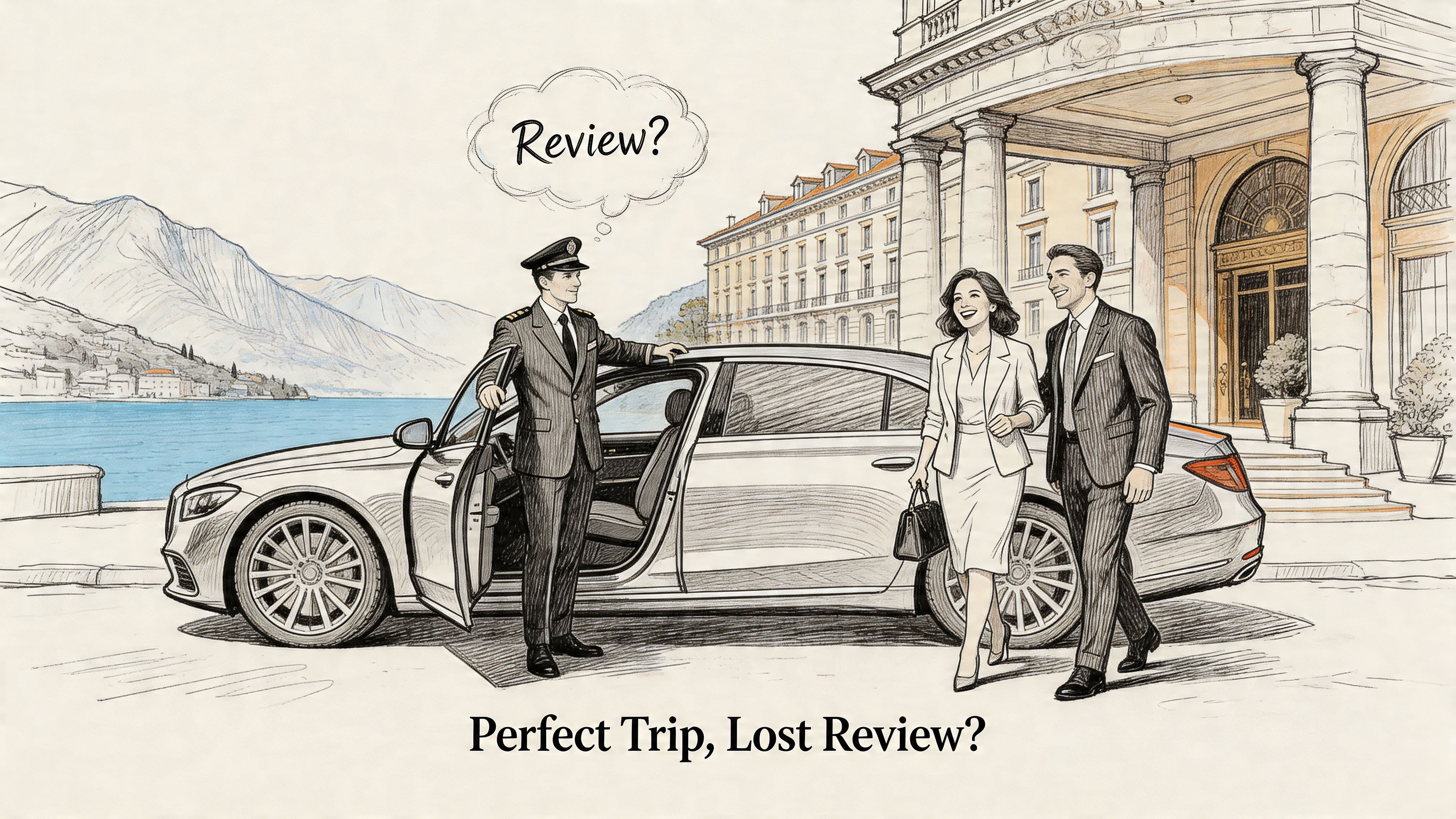A professional chauffeur awaits a couple by a luxury car in front of a grand hotel.