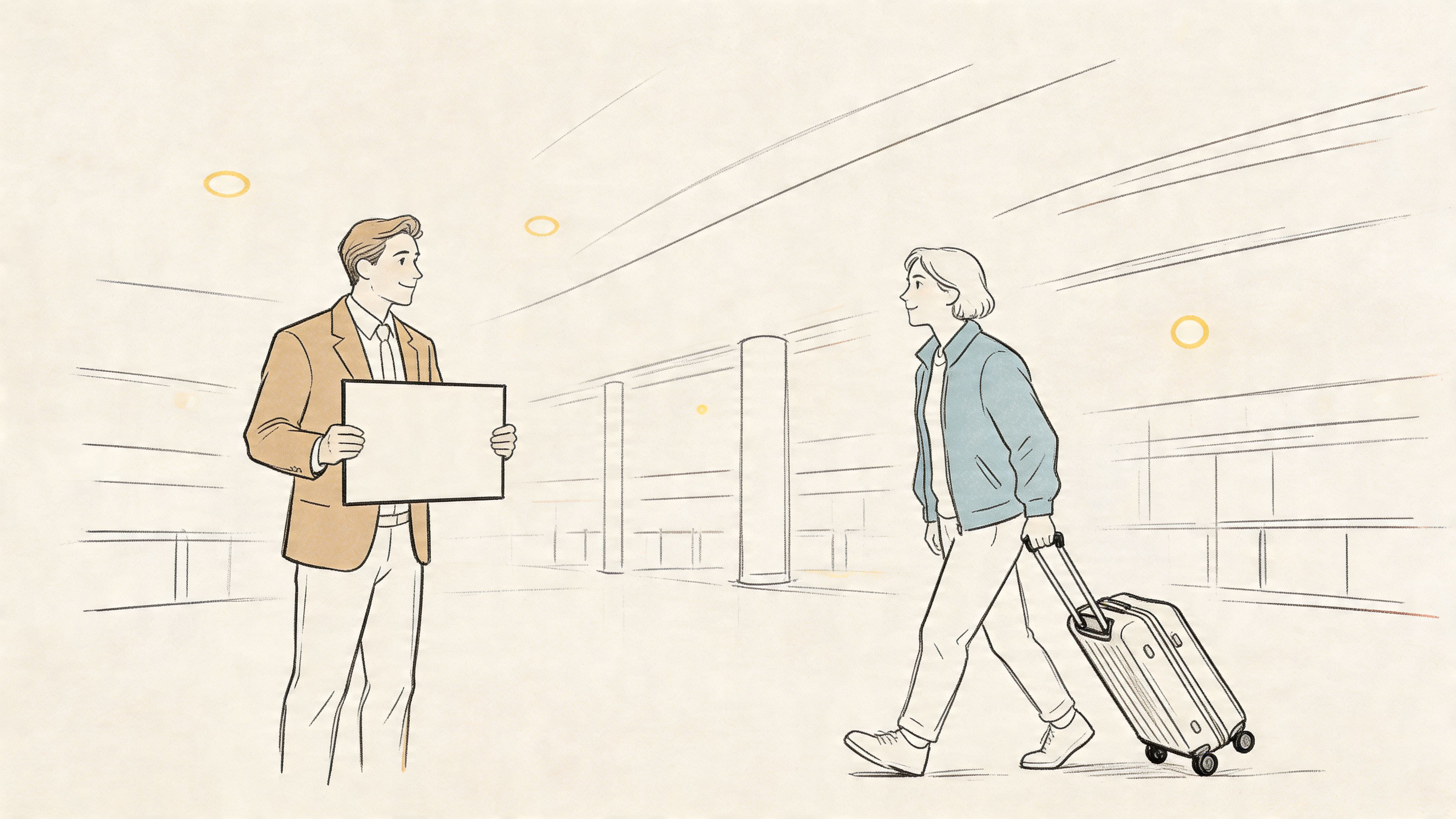 A professional man holding a blank sign greets a female traveler pulling a suitcase at the airport.