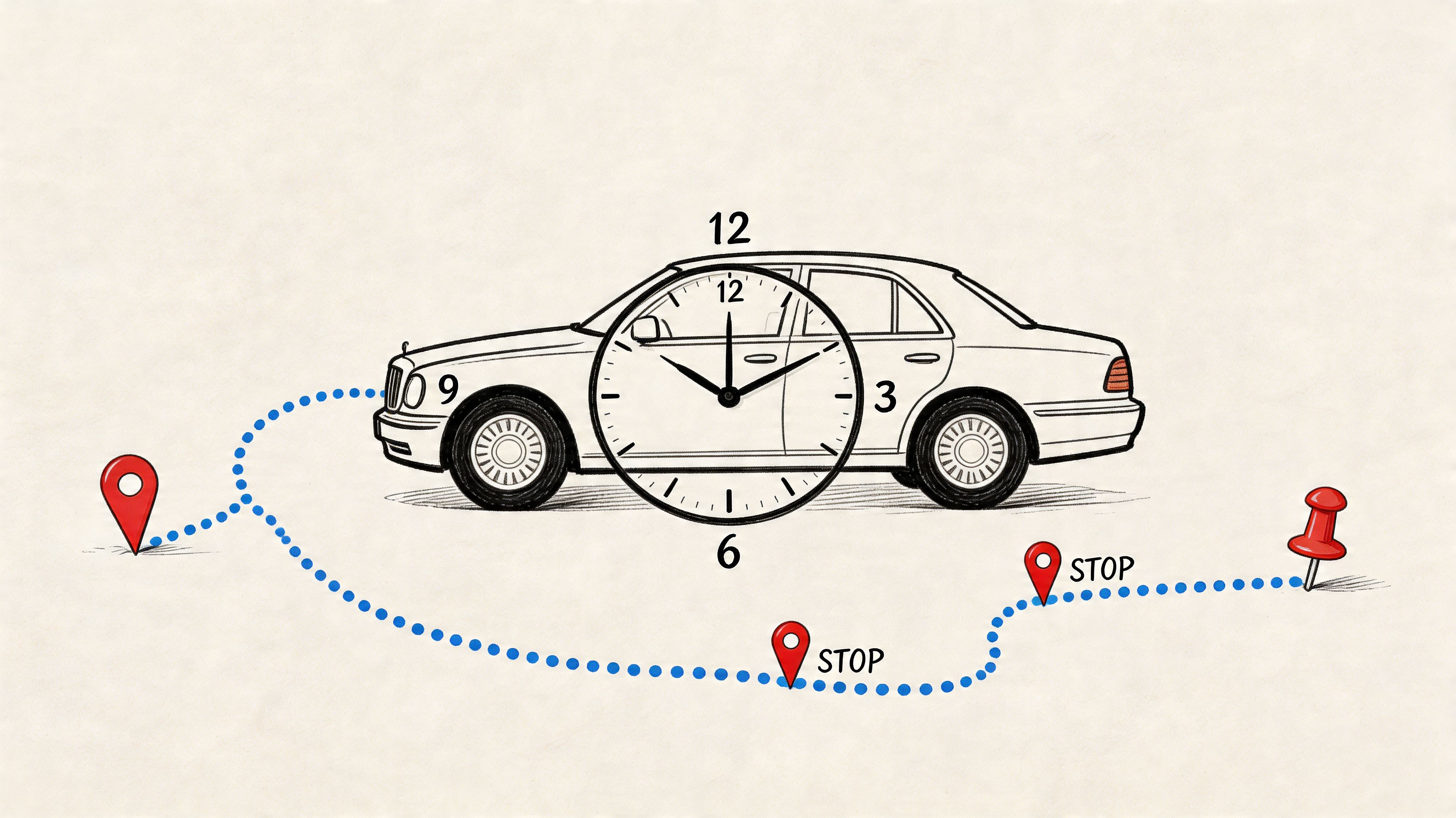 An artistic illustration featuring a luxury car, a large clock face, and a mapped path with stops.