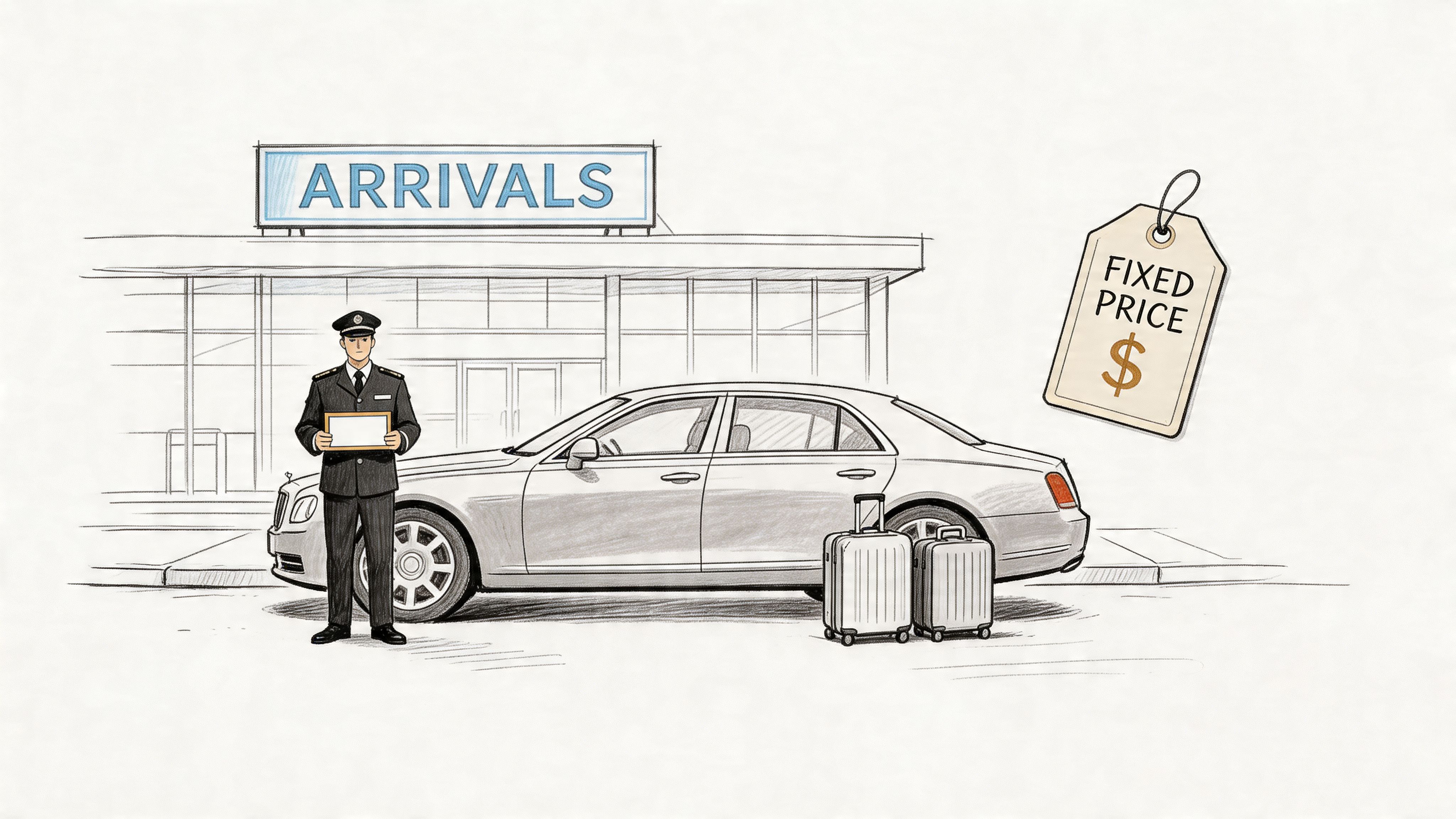 A chauffeur stands by a luxury car outside an airport arrivals terminal with a fixed price tag.