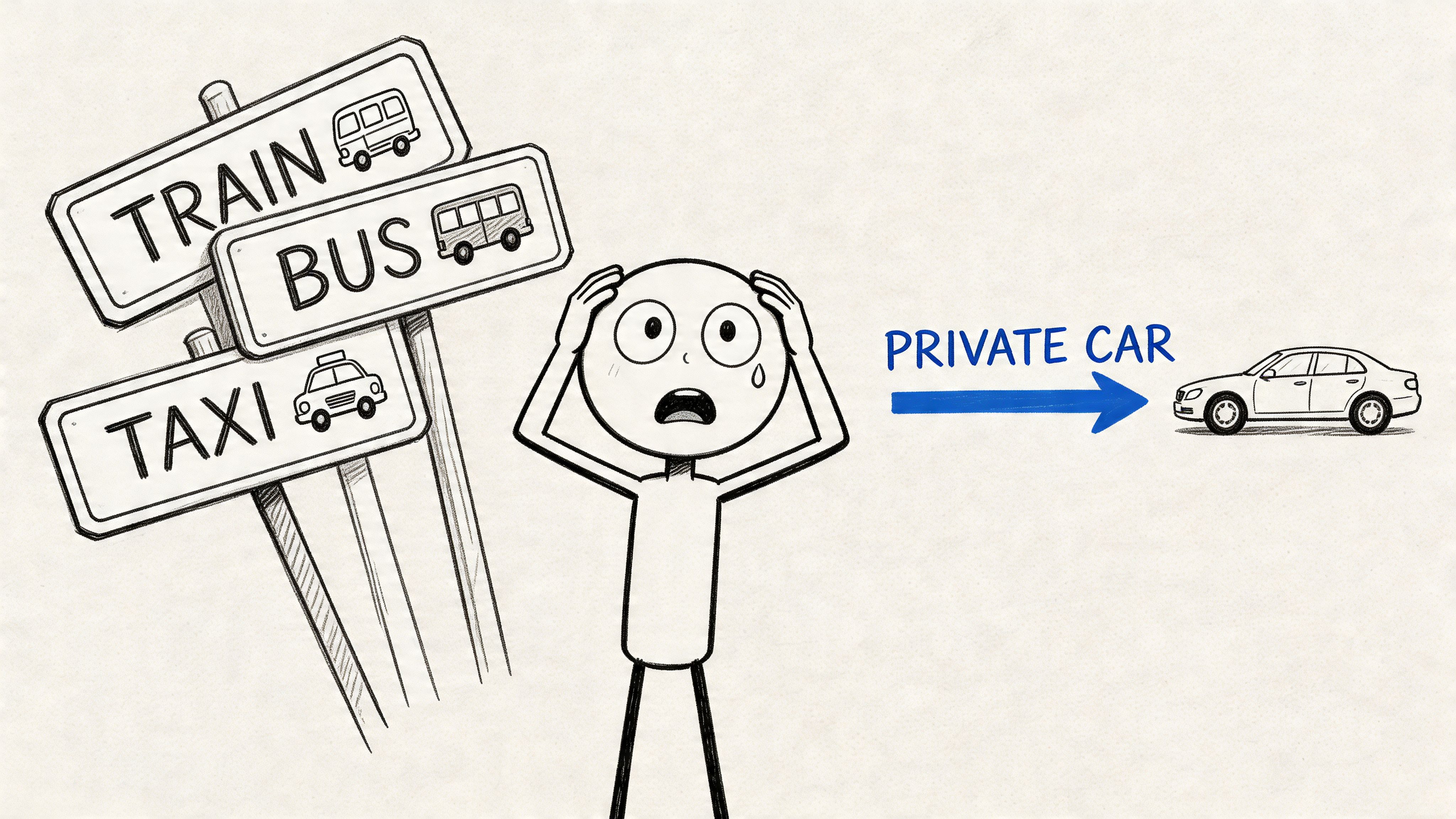 A person looking stressed while considering public transport options like trains and buses versus a private car.