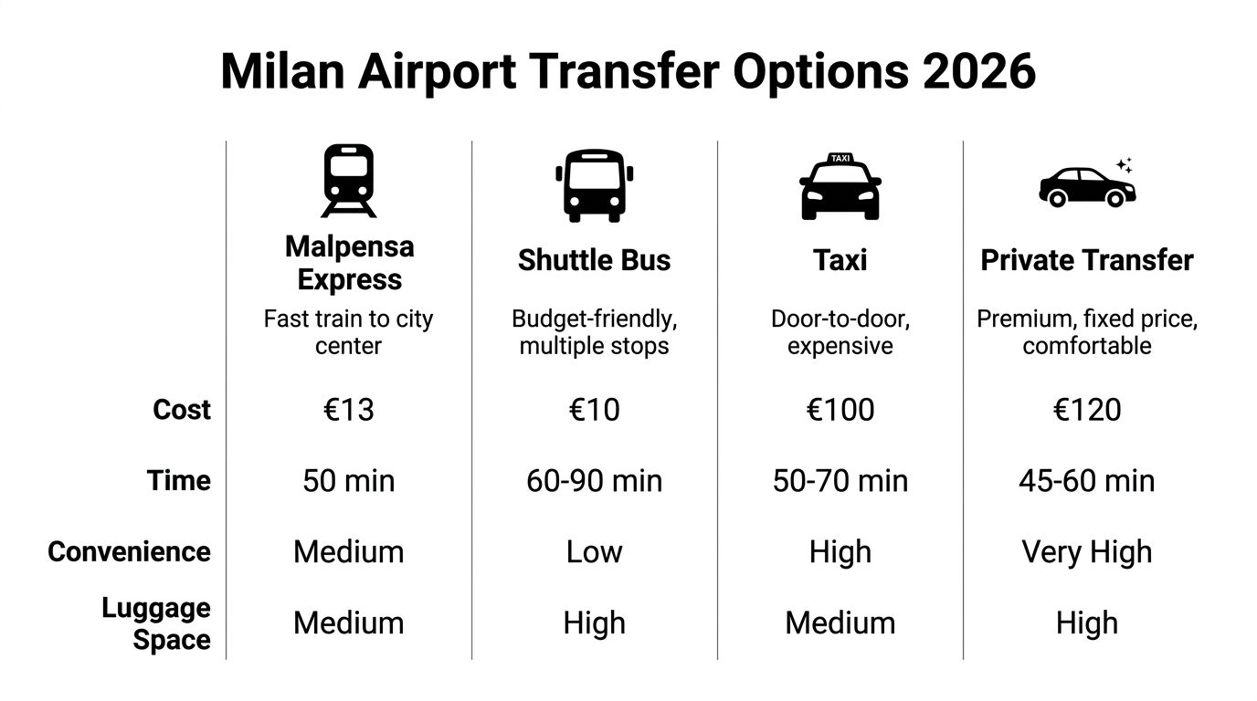 A table comparing four transportation options from Milan airport including train, bus, taxi, and private transfer services.