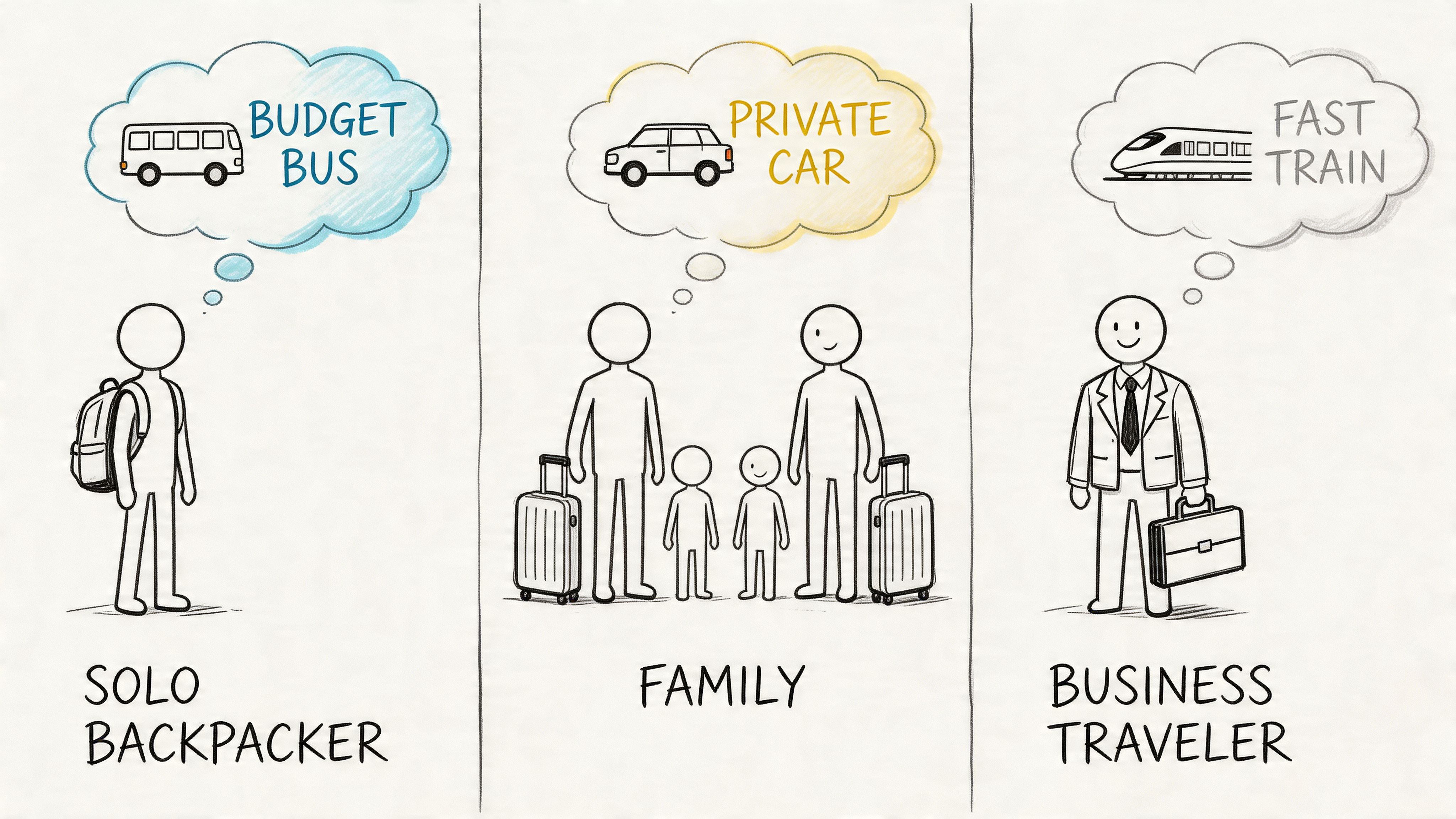 A diagram comparing three different transportation modes for travelers including a backpacker, a family, and business traveler.