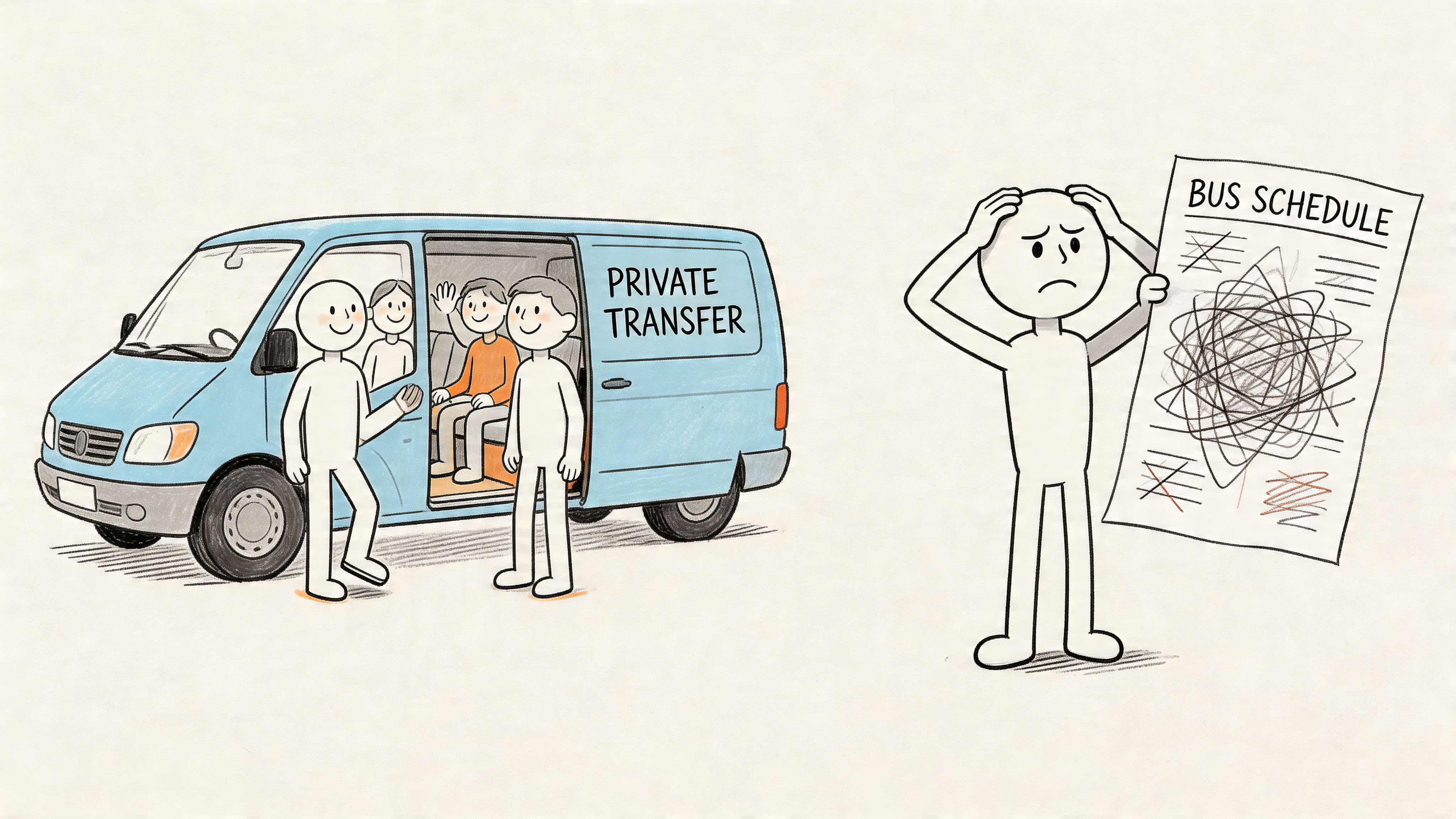 An illustration comparing the ease of a private airport transfer to the confusion of bus schedules.