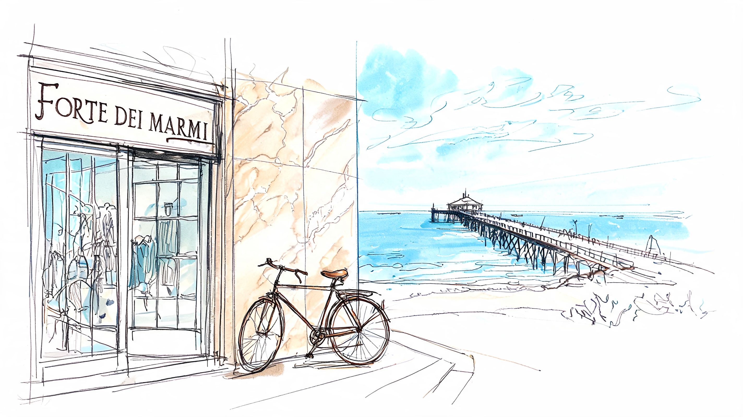 A watercolor sketch of a storefront in Forte dei Marmi featuring a bicycle parked by the pier.