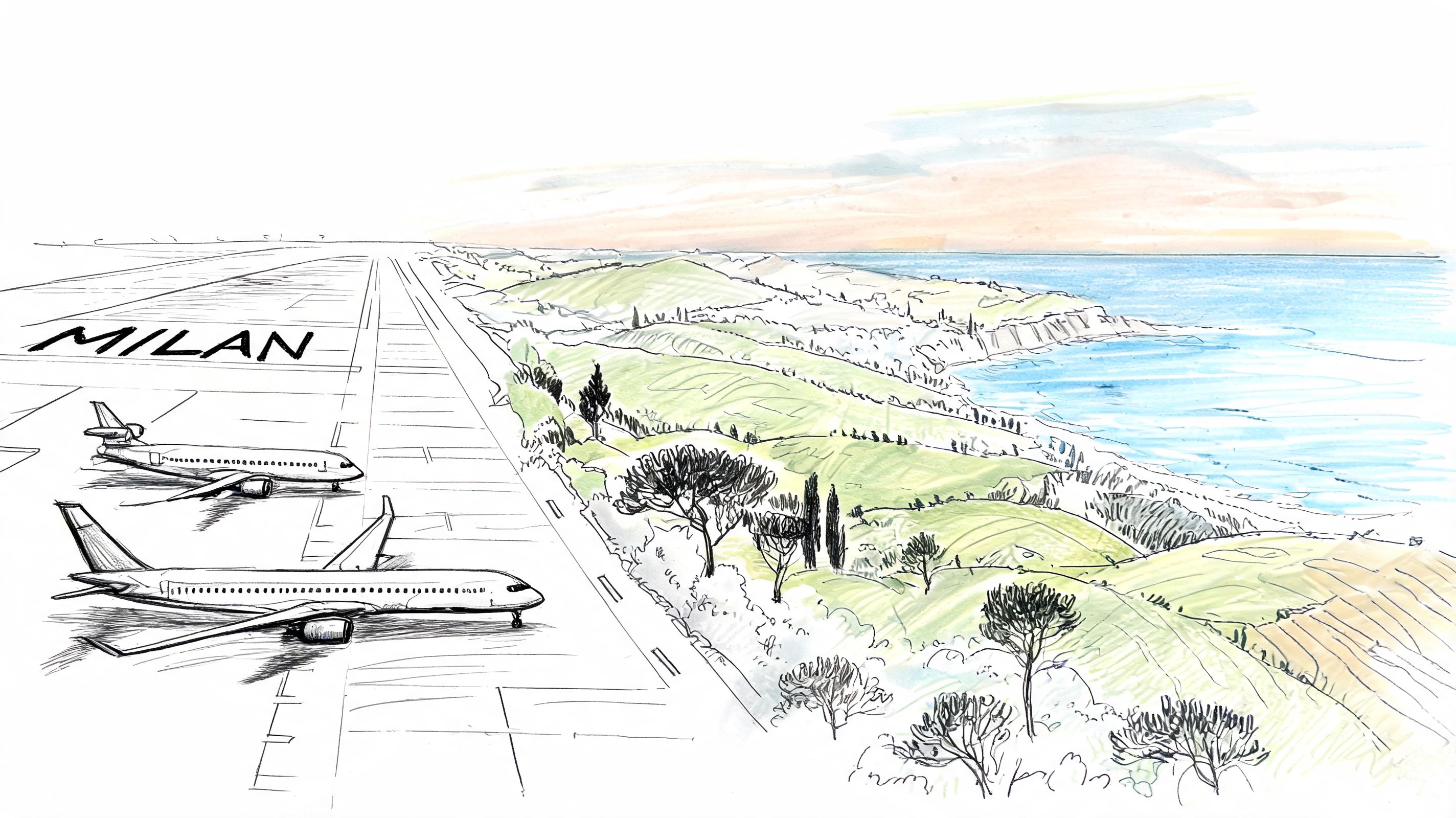 A scenic artistic illustration of an airport runway labeled Milan with airplanes alongside a coastal landscape.