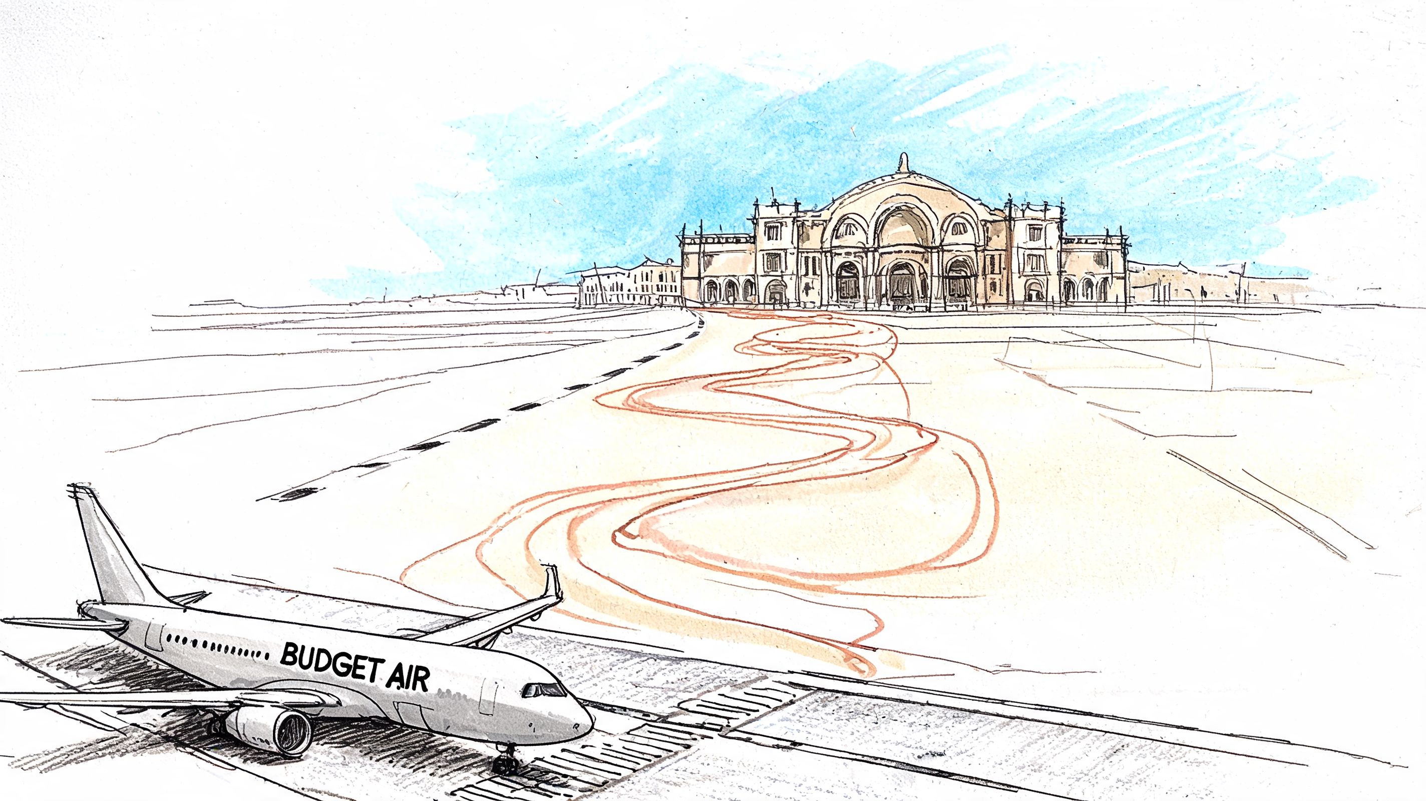 A hand-drawn watercolor illustration of a Budget Air airplane parked near the Venice Santa Lucia railway station.