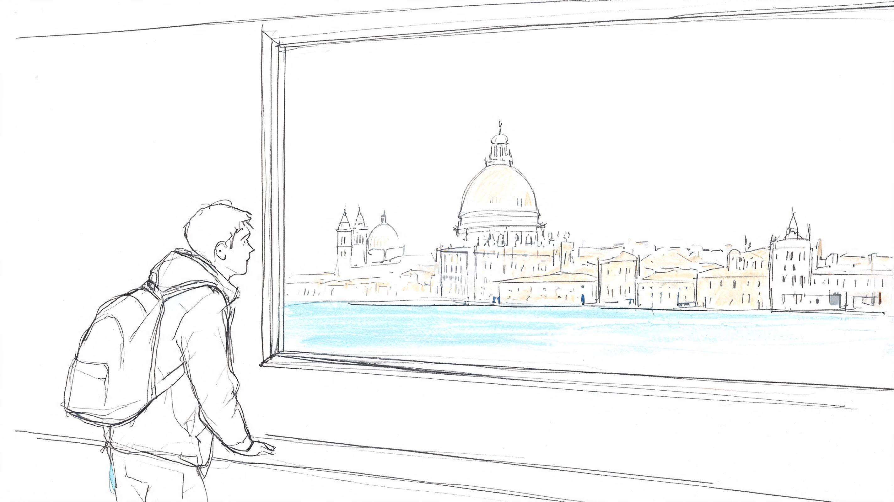 A traveler with a backpack looking through a large window at the Venice skyline.