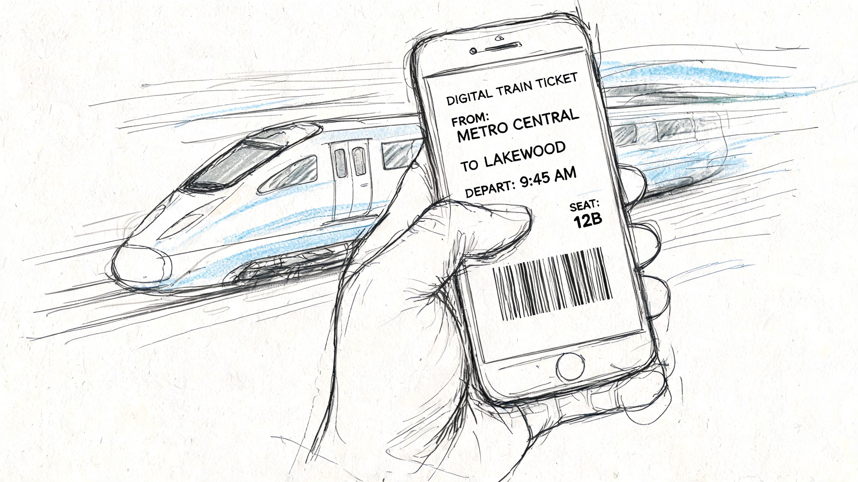 A hand holding a smartphone displaying a digital train ticket with a train visible in the background.