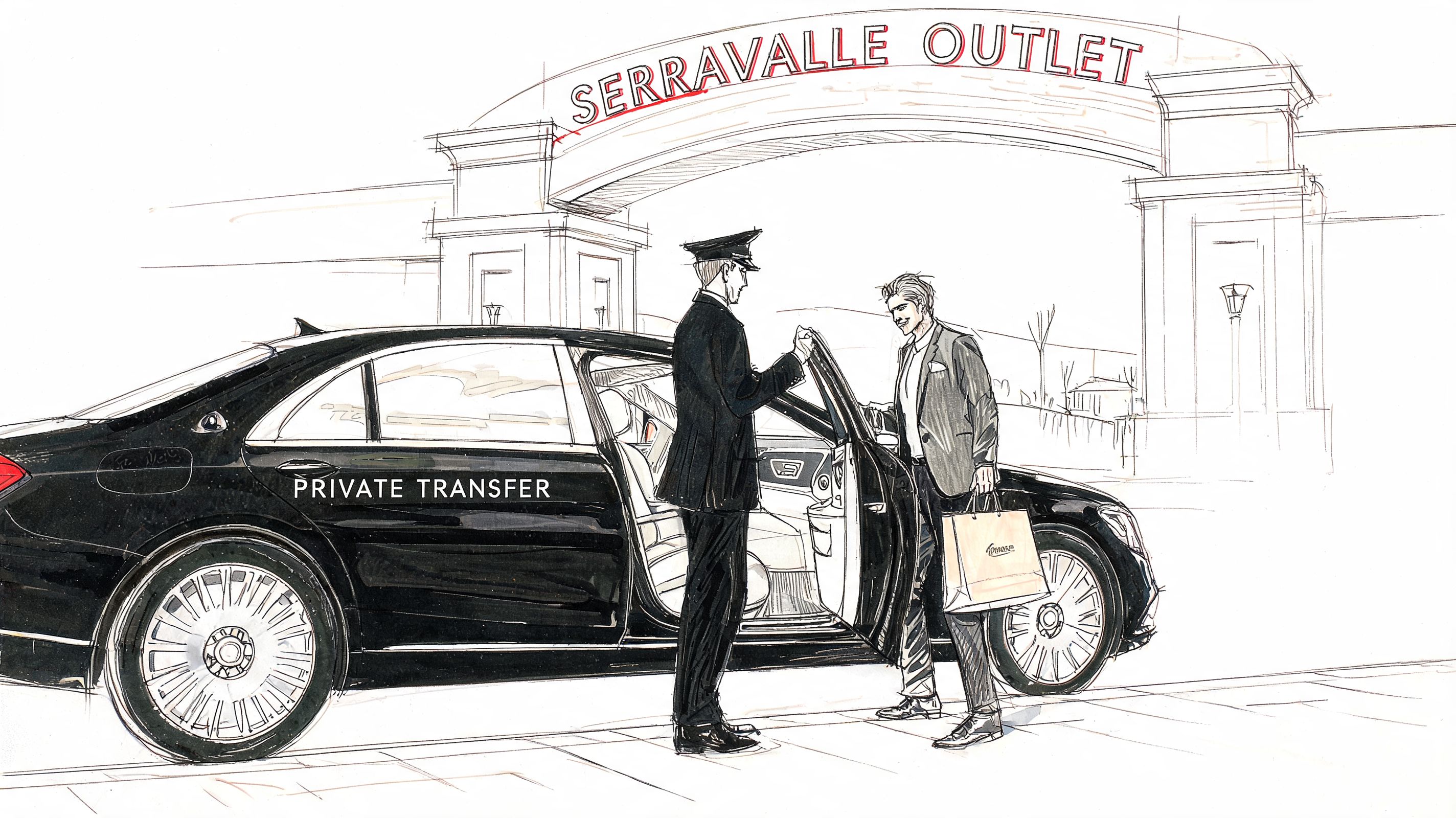 A chauffeur opens the door of a luxury car for a man carrying shopping bags at Serravalle Outlet.