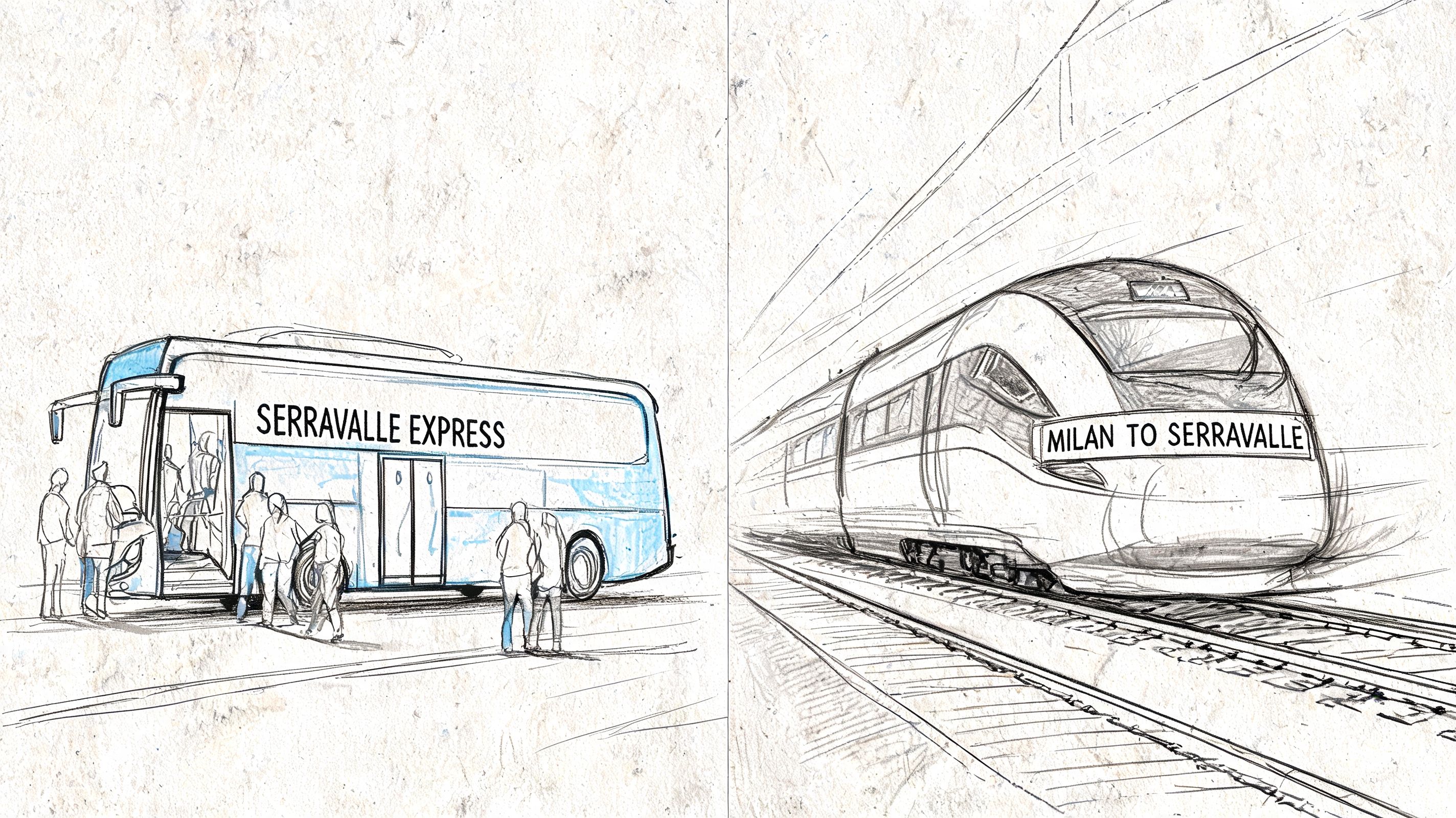 A digital sketch comparing transportation options from Milan to Serravalle Outlet via bus and high-speed train.
