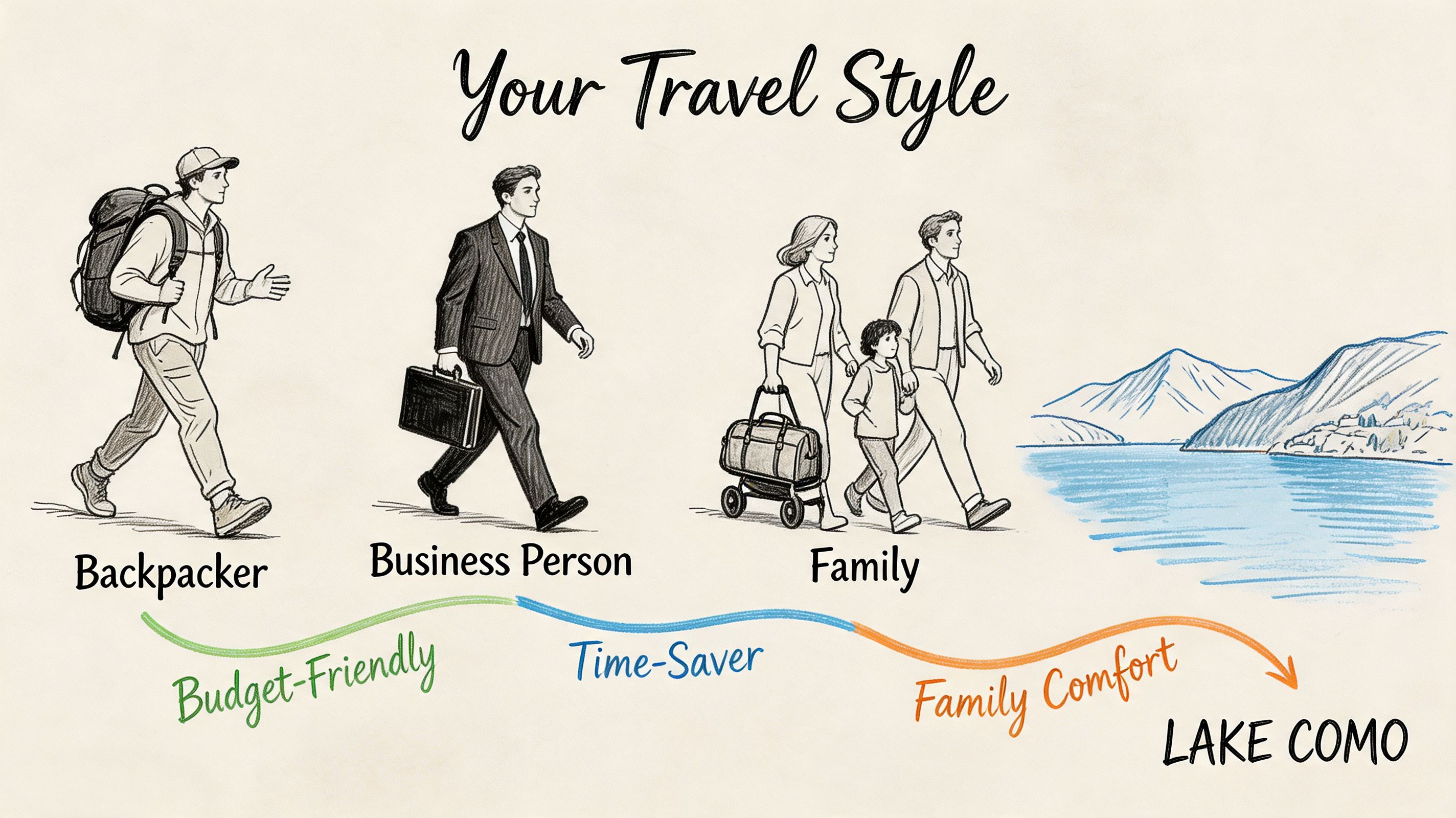 A visual guide illustrating different travel styles including backpackers, business travelers, and families visiting Lake Como.