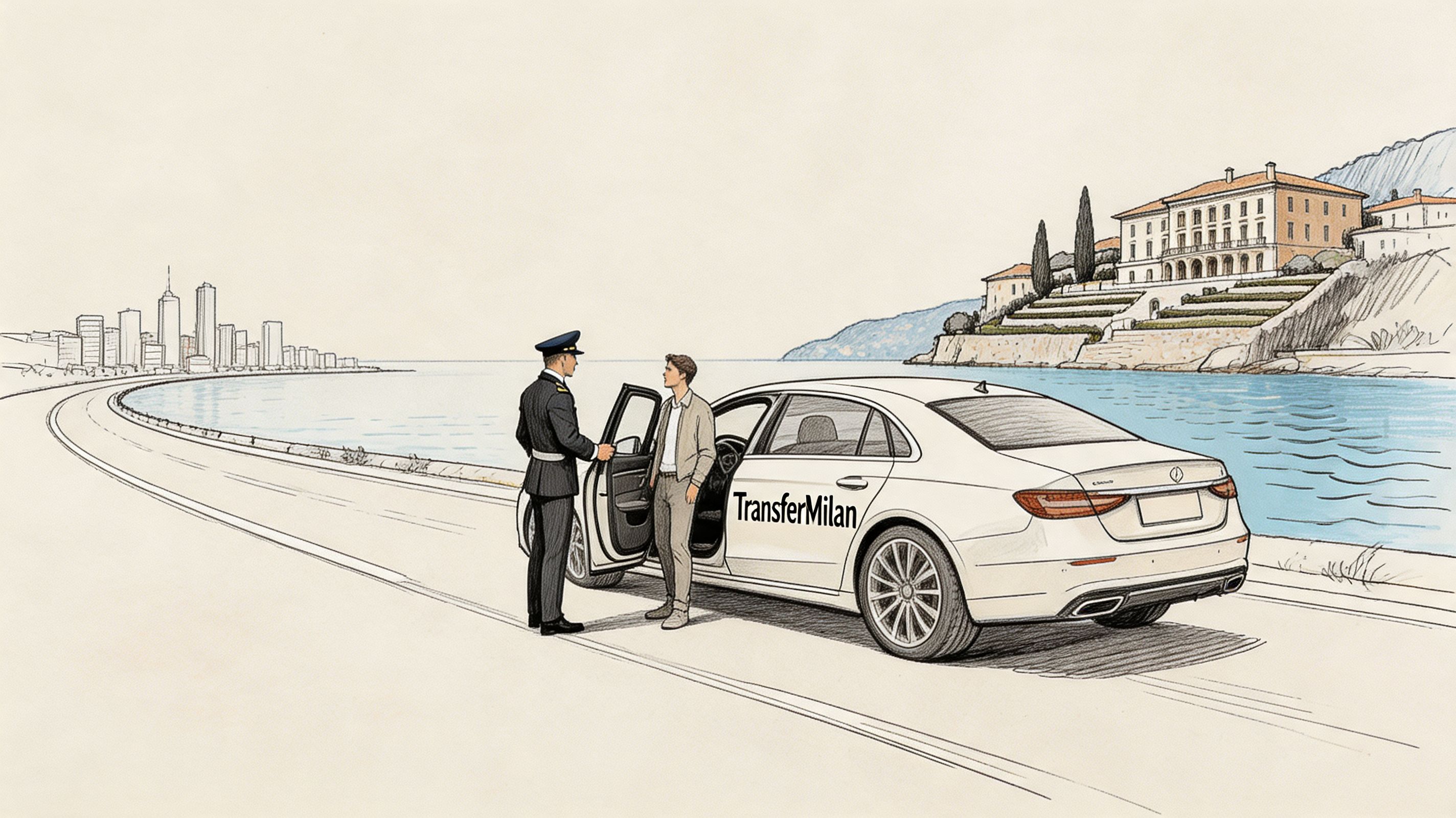 A professional chauffeur greeting a passenger by a luxury white sedan near Lake Como, Italy.