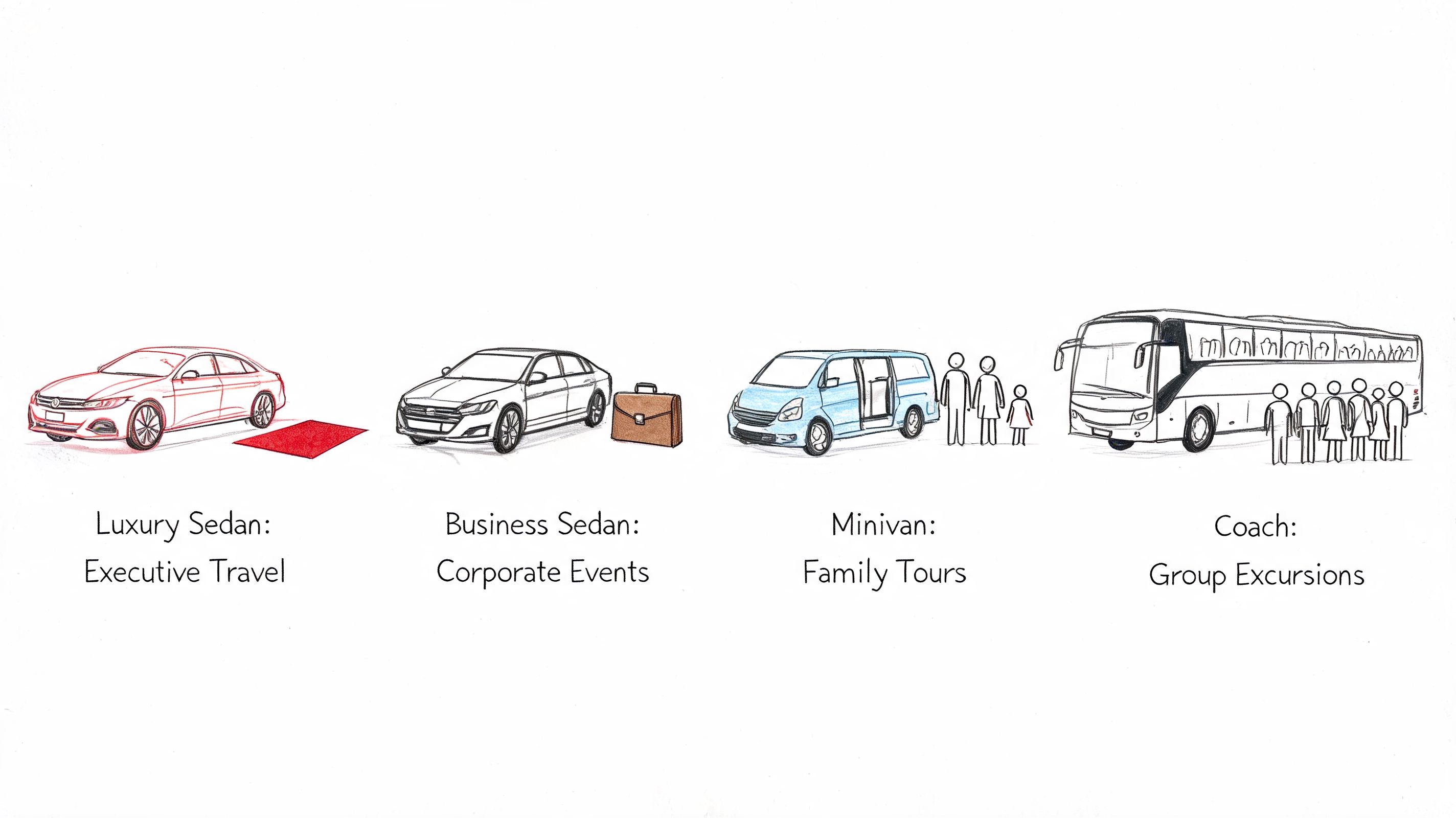 A line illustration showing four types of vehicles for chauffeur services including luxury sedans, business cars, minivans, and coaches.