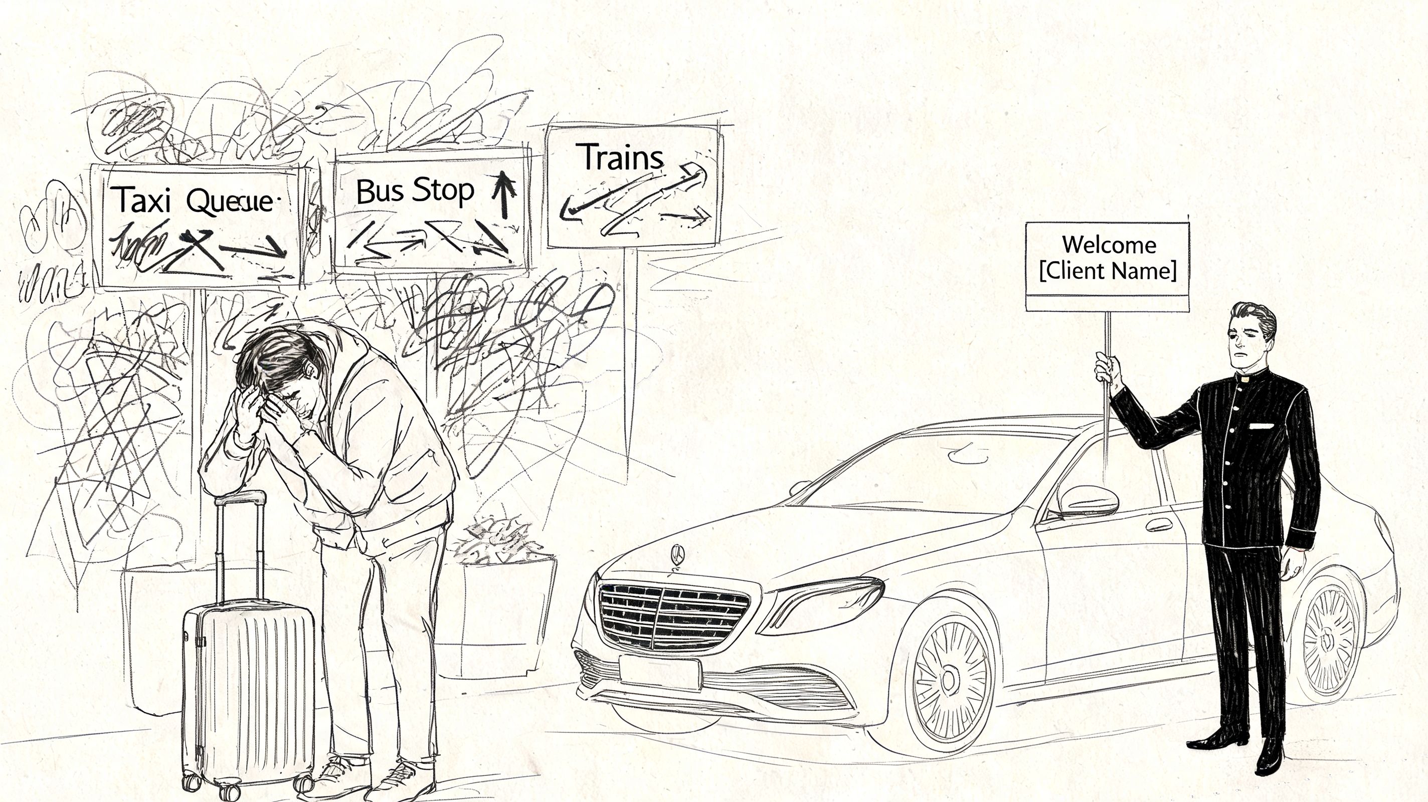 A tired traveler waiting at public transport while a professional chauffeur stands by a luxury car nearby.