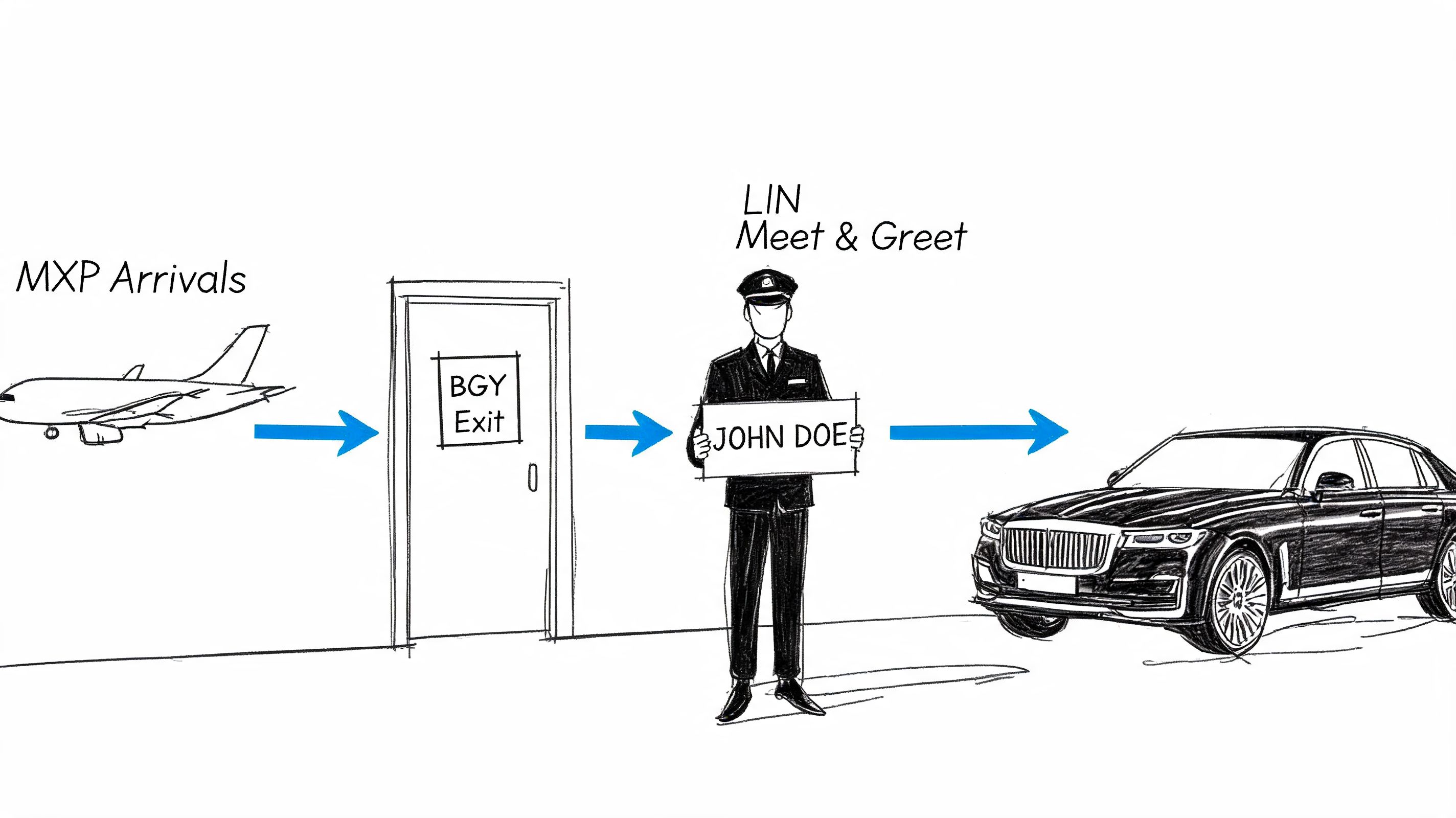 A simplified diagram showing airport arrival and professional chauffeur meet and greet service process in Milan.