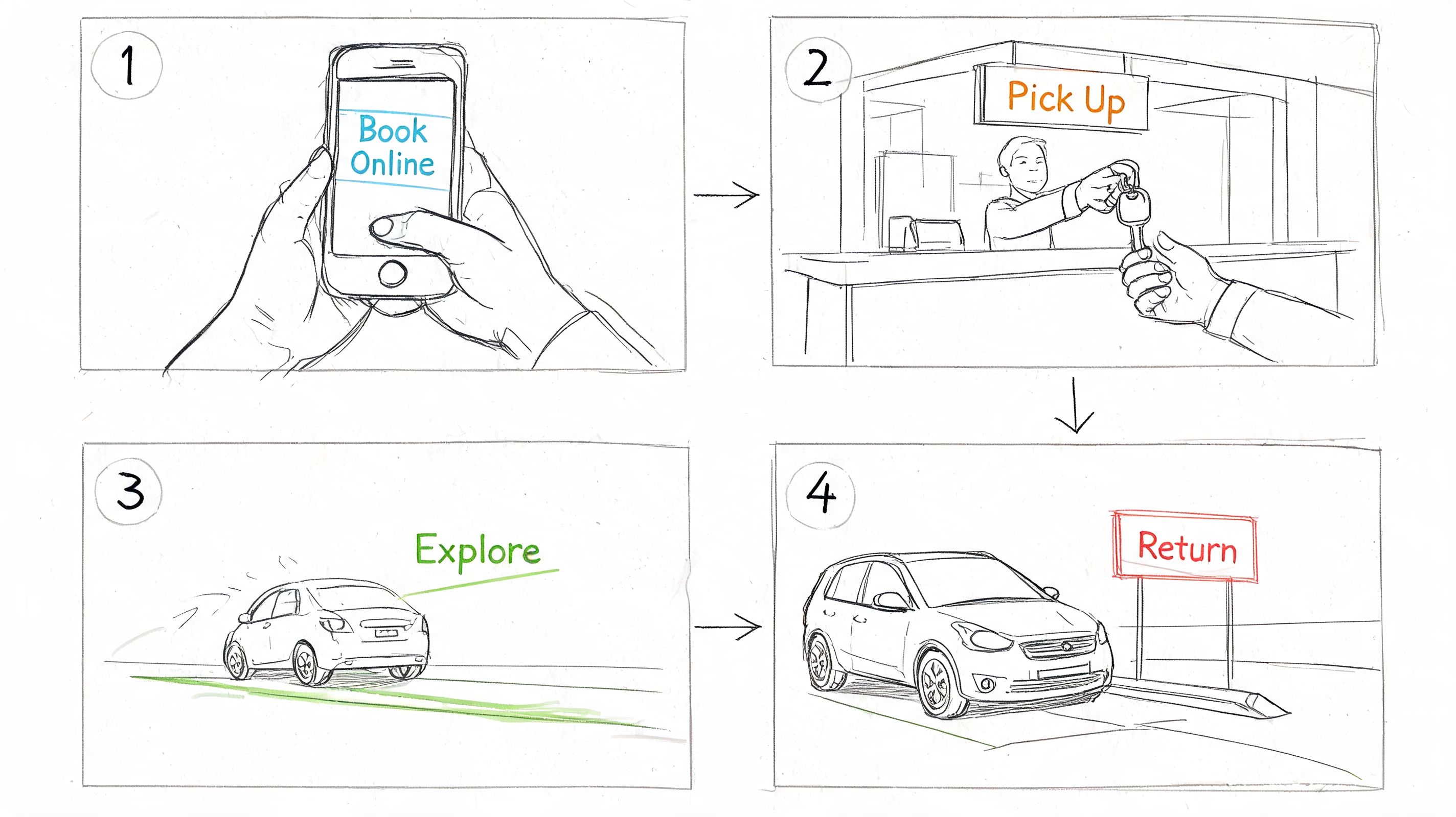 A four-step infographic illustration showing the process of booking, picking up, driving, and returning a rental car.