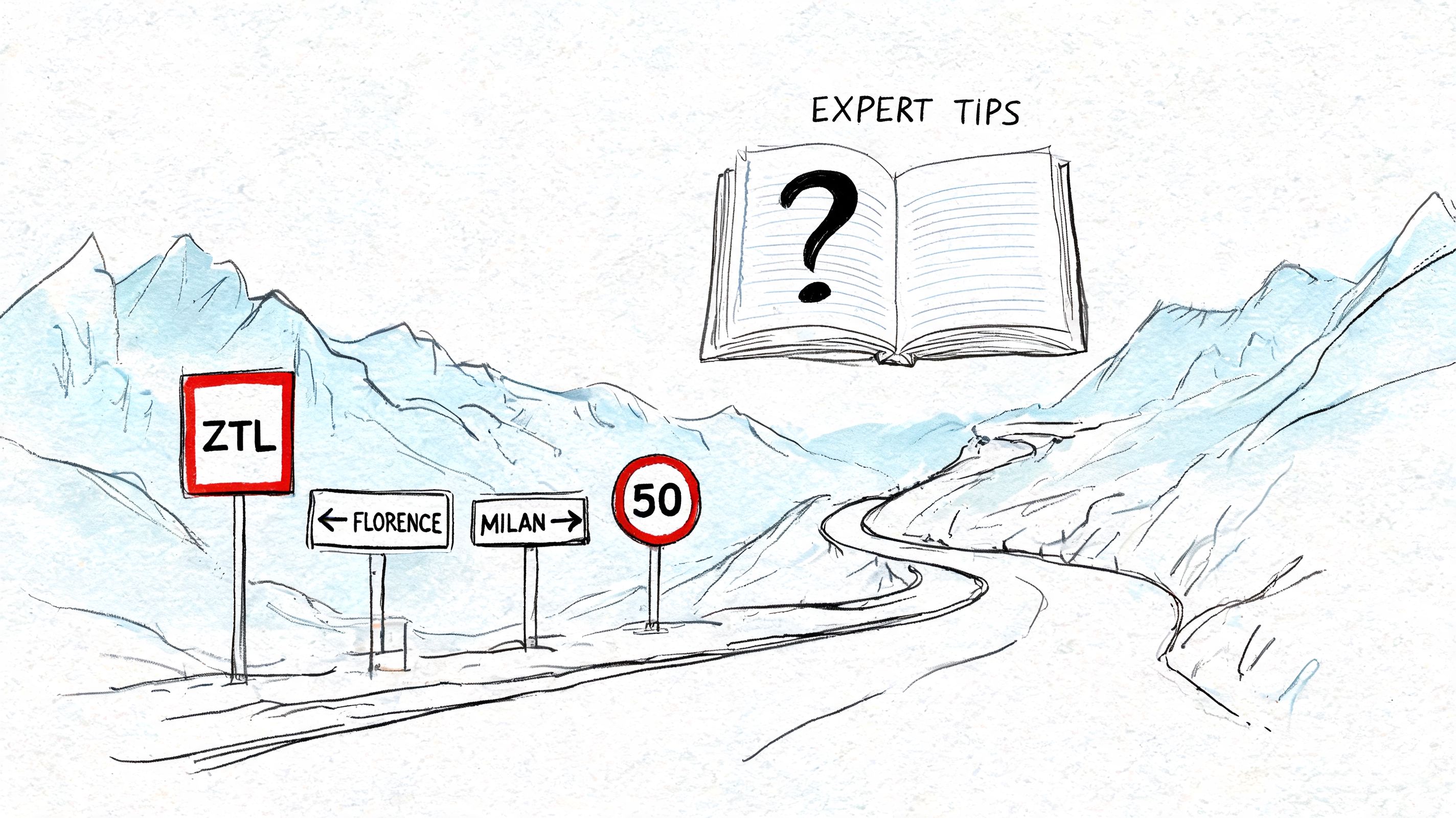 A hand-drawn illustration depicting road signs for Italy, including ZTL, direction signs for Florence and Milan, and a speed limit.