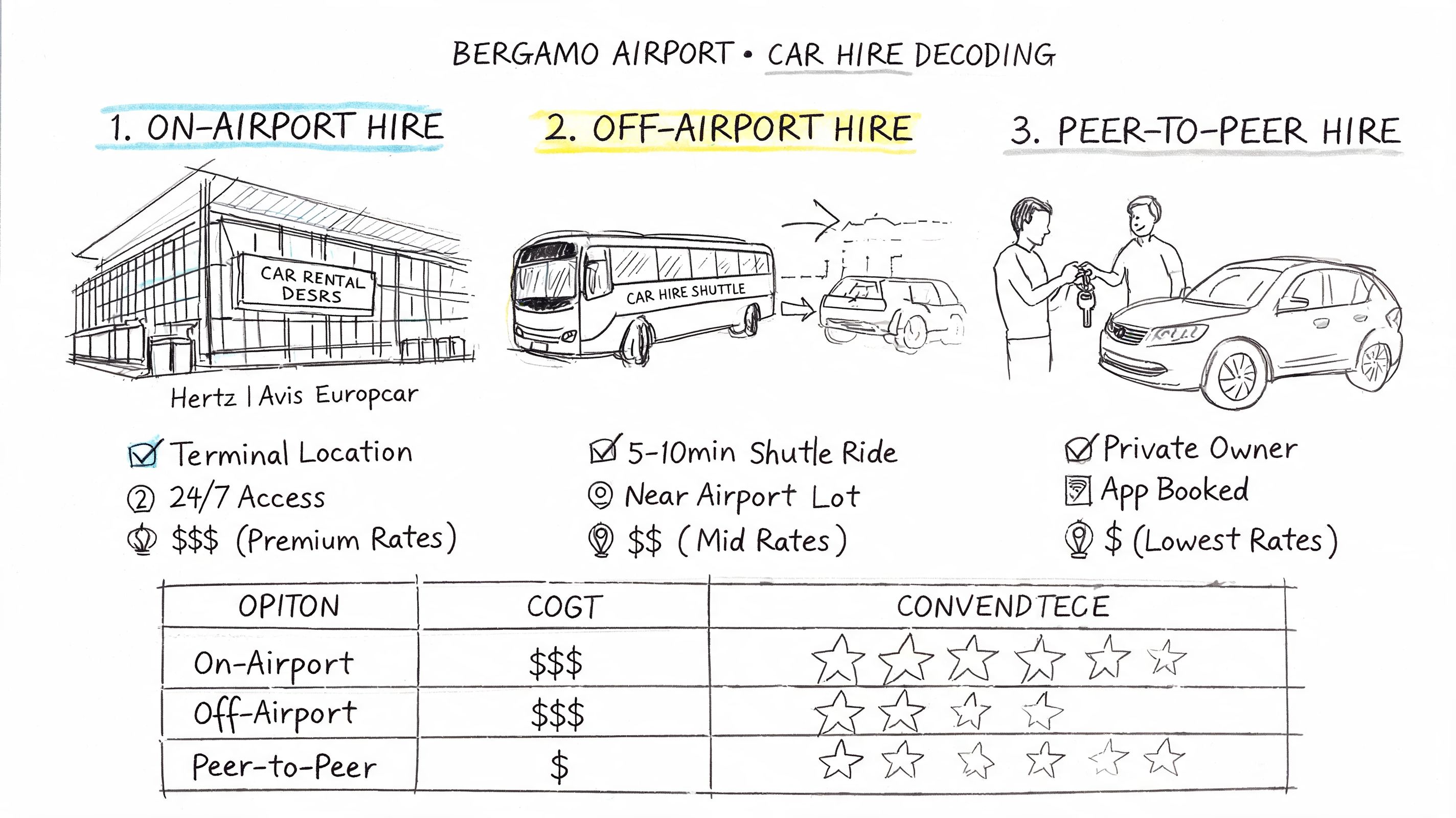 A hand-drawn comparison guide illustrating three car hire options available at Bergamo Airport for travelers.