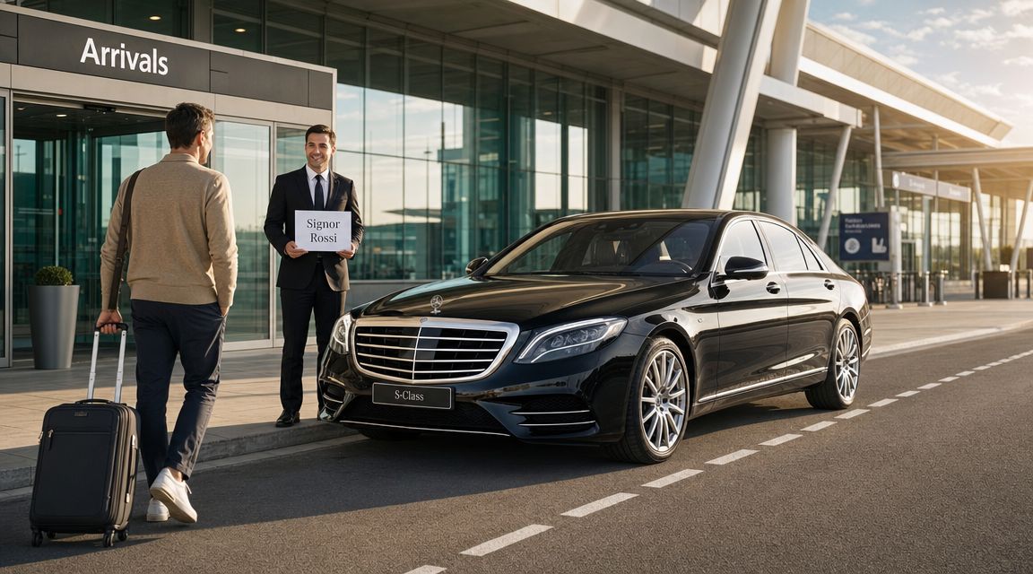 A professional chauffeur waiting at Bergamo airport with a sign to greet a traveler for a private transfer.