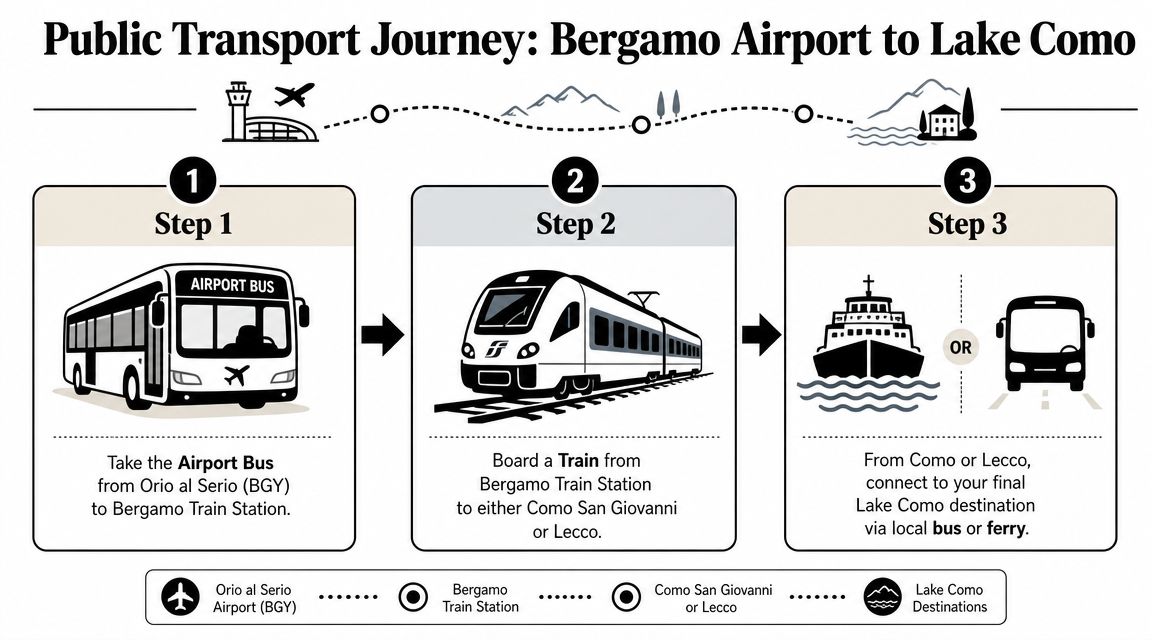 A diagram illustrating the three-step public transport journey from Bergamo Airport to Lake Como destinations.