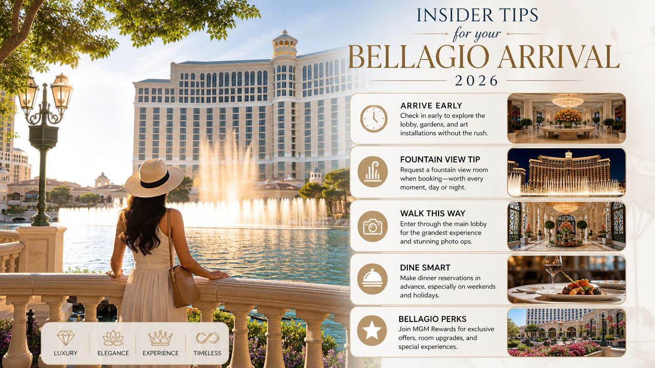 A woman admiring the Bellagio hotel fountains with insider arrival tips and travel advice presented alongside.