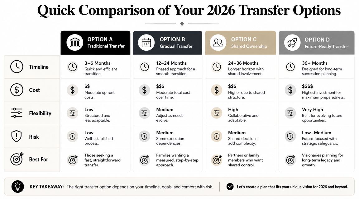 A comparison chart outlining four distinct business transfer options for 2026, including timelines, costs, flexibility, and risk.