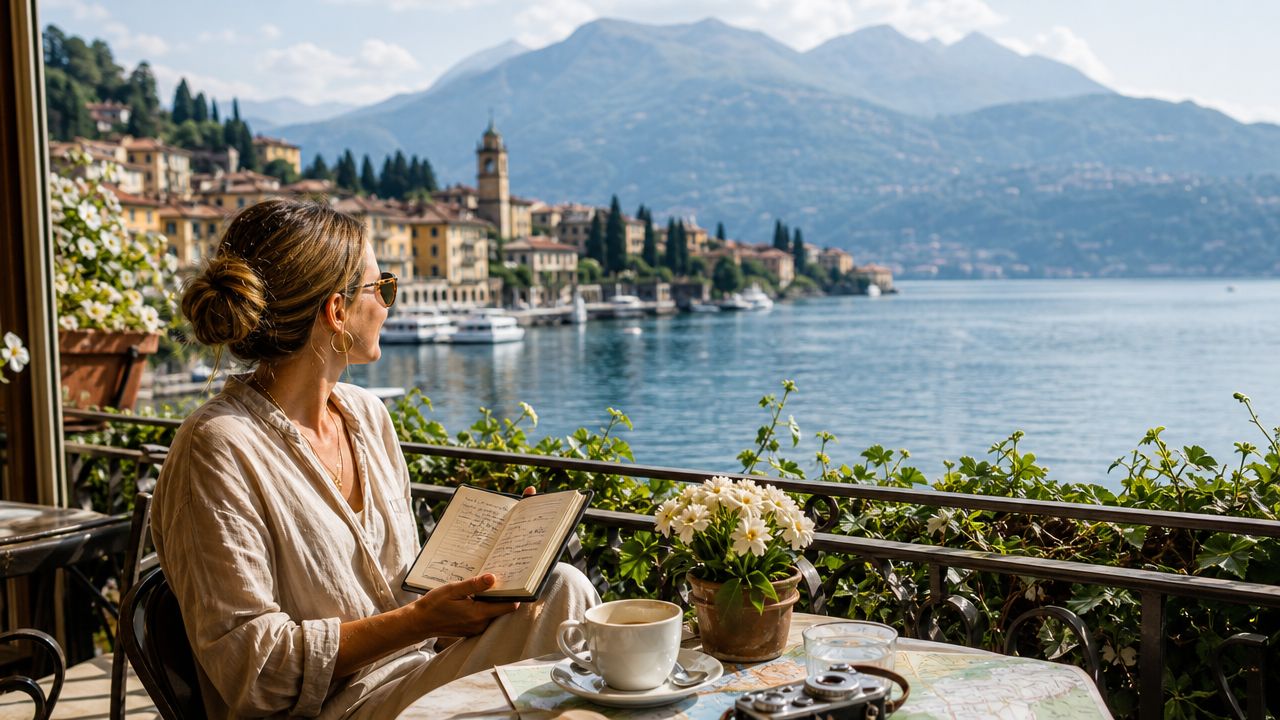 A woman reads a book while sitting on a balcony overlooking the beautiful Lake Como in Bellagio.