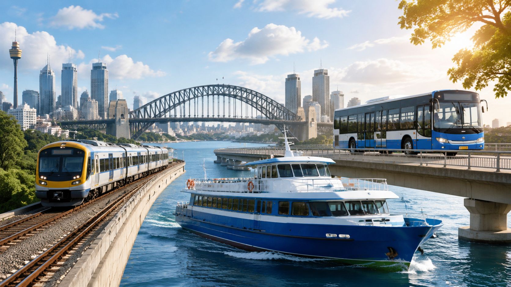 A scenic view of Sydney Harbour featuring a train, a ferry, and a bus with the bridge.
