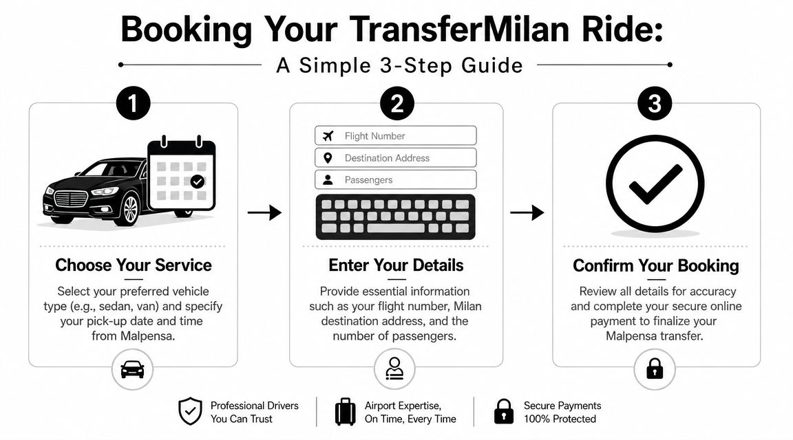A simple three-step infographic showing how to book a TransferMilan ride service from Malpensa airport.