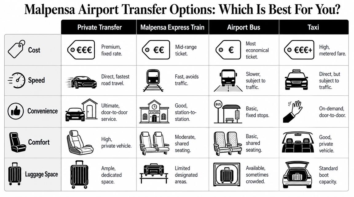 A comparison chart outlining four Malpensa airport transfer options: private transfer, train, bus, and taxi.