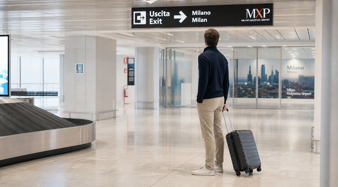 A traveler with a suitcase standing in the terminal of Milano Malpensa Airport looking at signs.