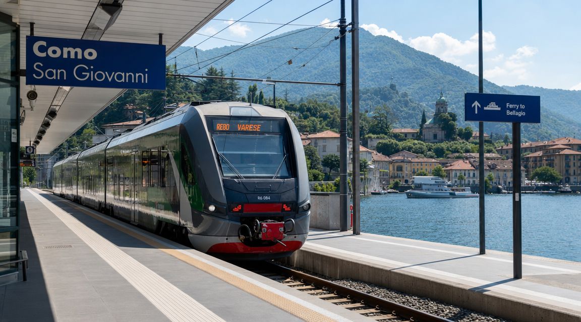 A modern commuter train stopped at the Como San Giovanni station platform next to the lake.