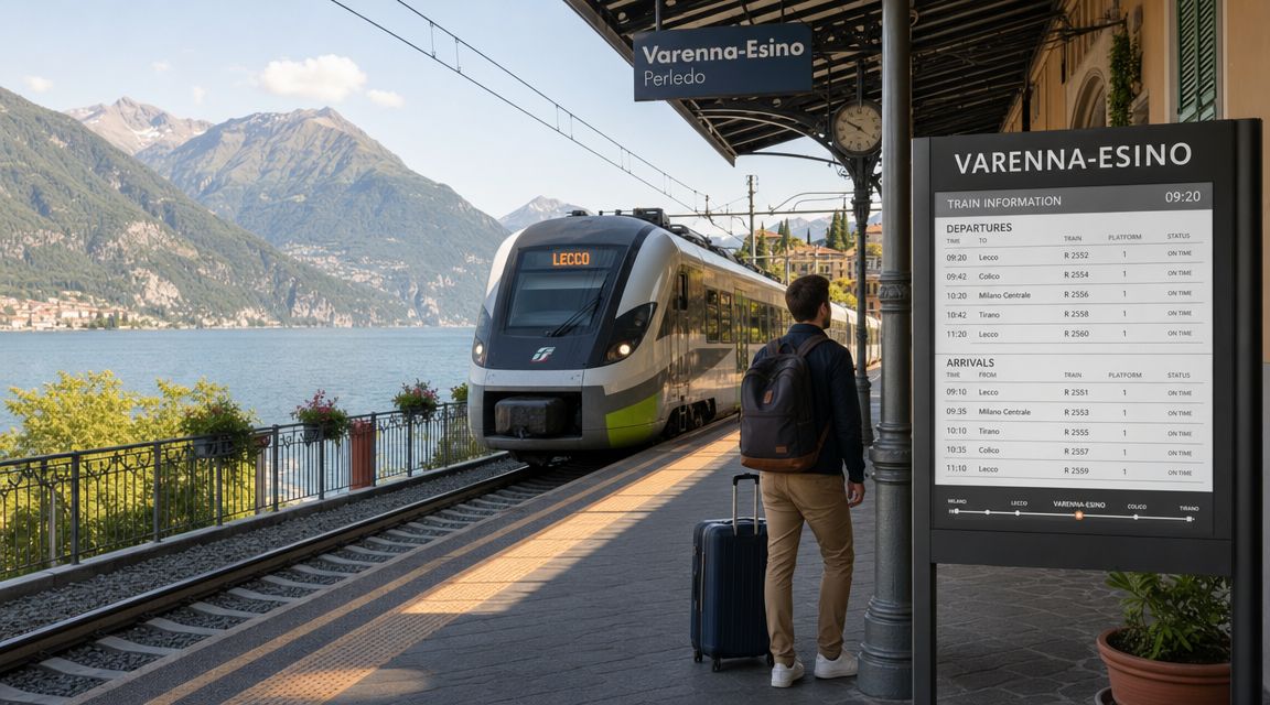 A traveler with a backpack and suitcase waits on the Varenna-Esino train station platform by the lake.