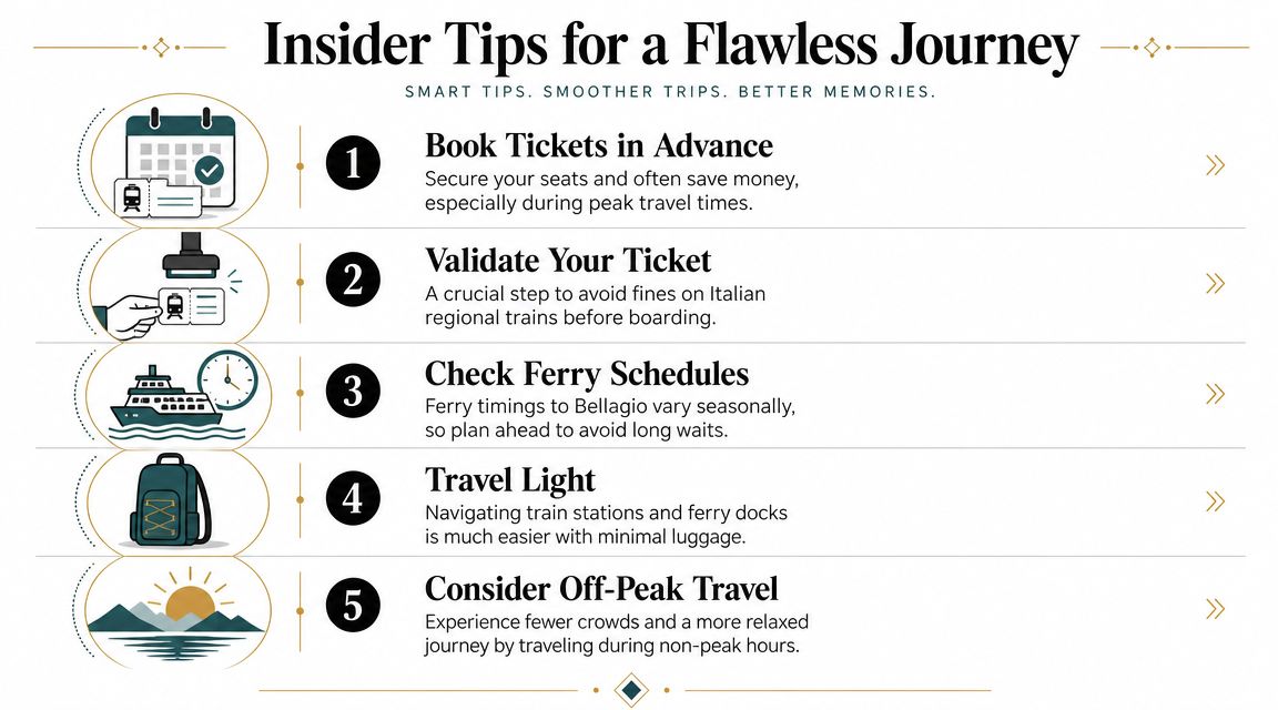 An infographic titled Insider Tips for a Flawed Journey displaying five numbered travel tips for train and ferry travel.