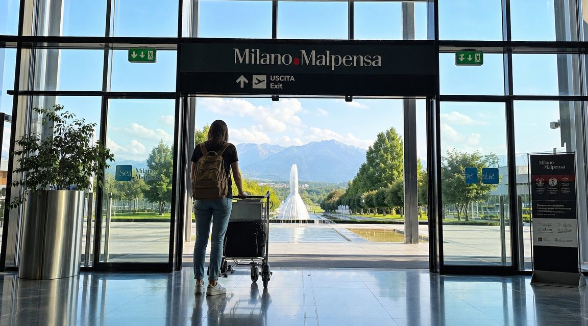 A traveler with a backpack and luggage cart stands at the Milano Malpensa airport exit looking at mountains.