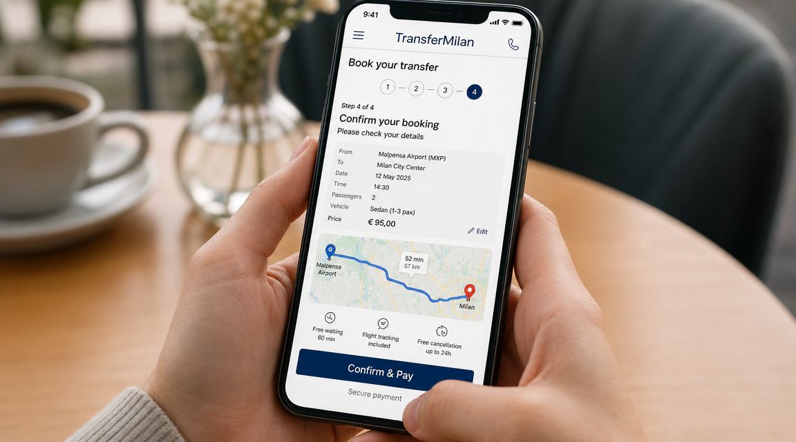 A person holds a smartphone displaying a booking confirmation screen for a Milan airport transfer service.