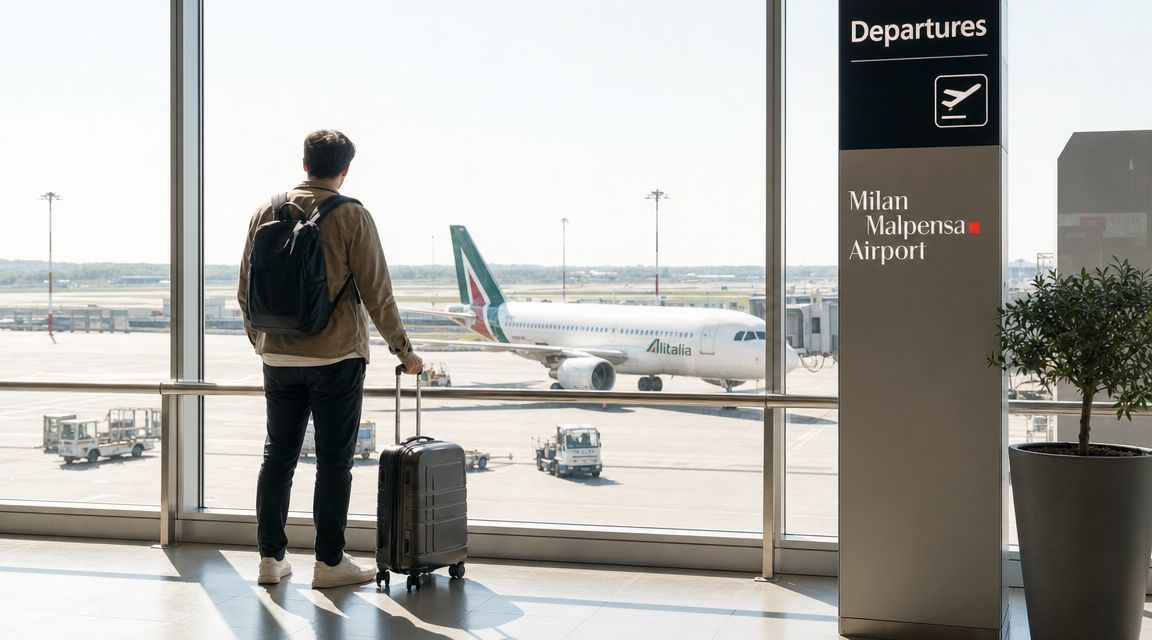 A traveler looking out a large airport window at an Alitalia airplane at Milan Malpensa Airport.