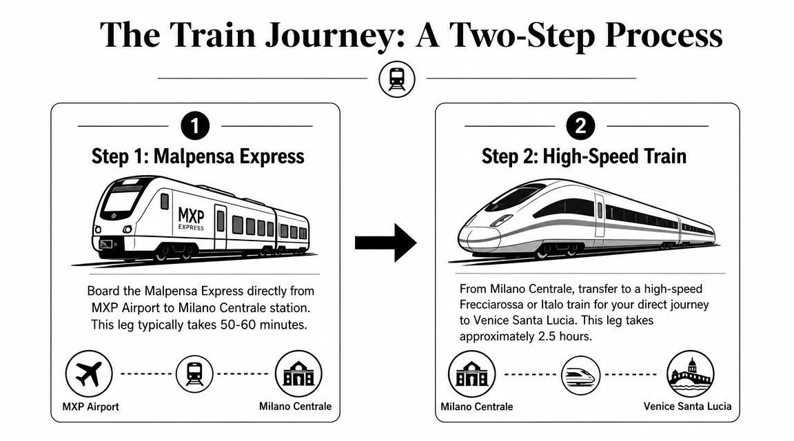 An infographic showing the two-step train journey from Malpensa Airport to Venice Santa Lucia via Milano Centrale.