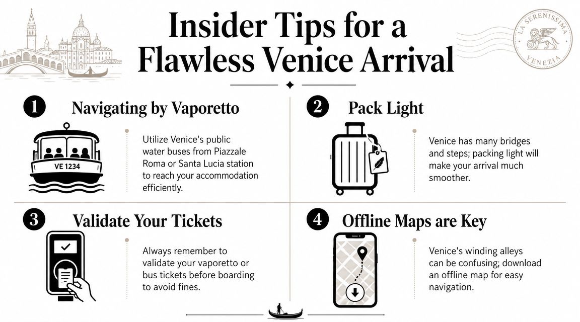 An infographic titled Insider Tips for a Flawless Venice Arrival, providing four essential travel advice points for visitors.