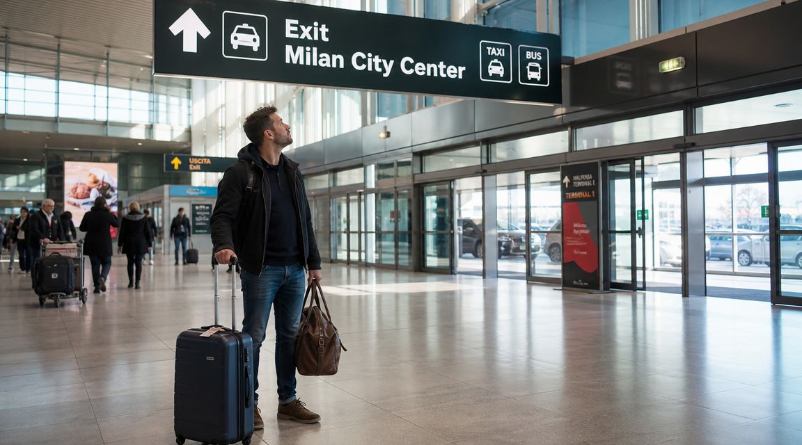 A traveler with a suitcase and bag looks at airport signage directing towards Milan City Center.