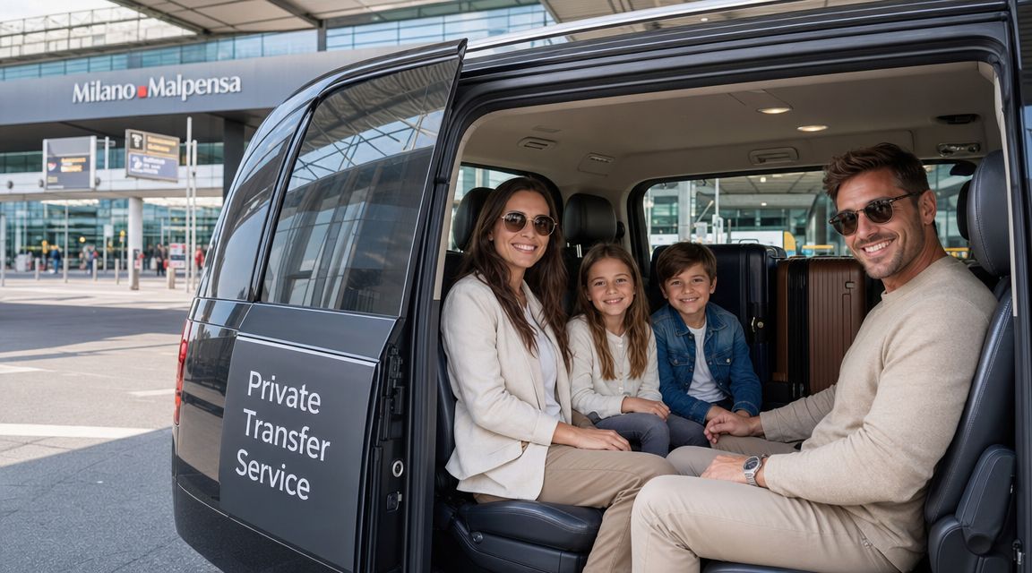 A happy family sitting in a luxury van at Milano Malpensa Airport for a private transfer service.