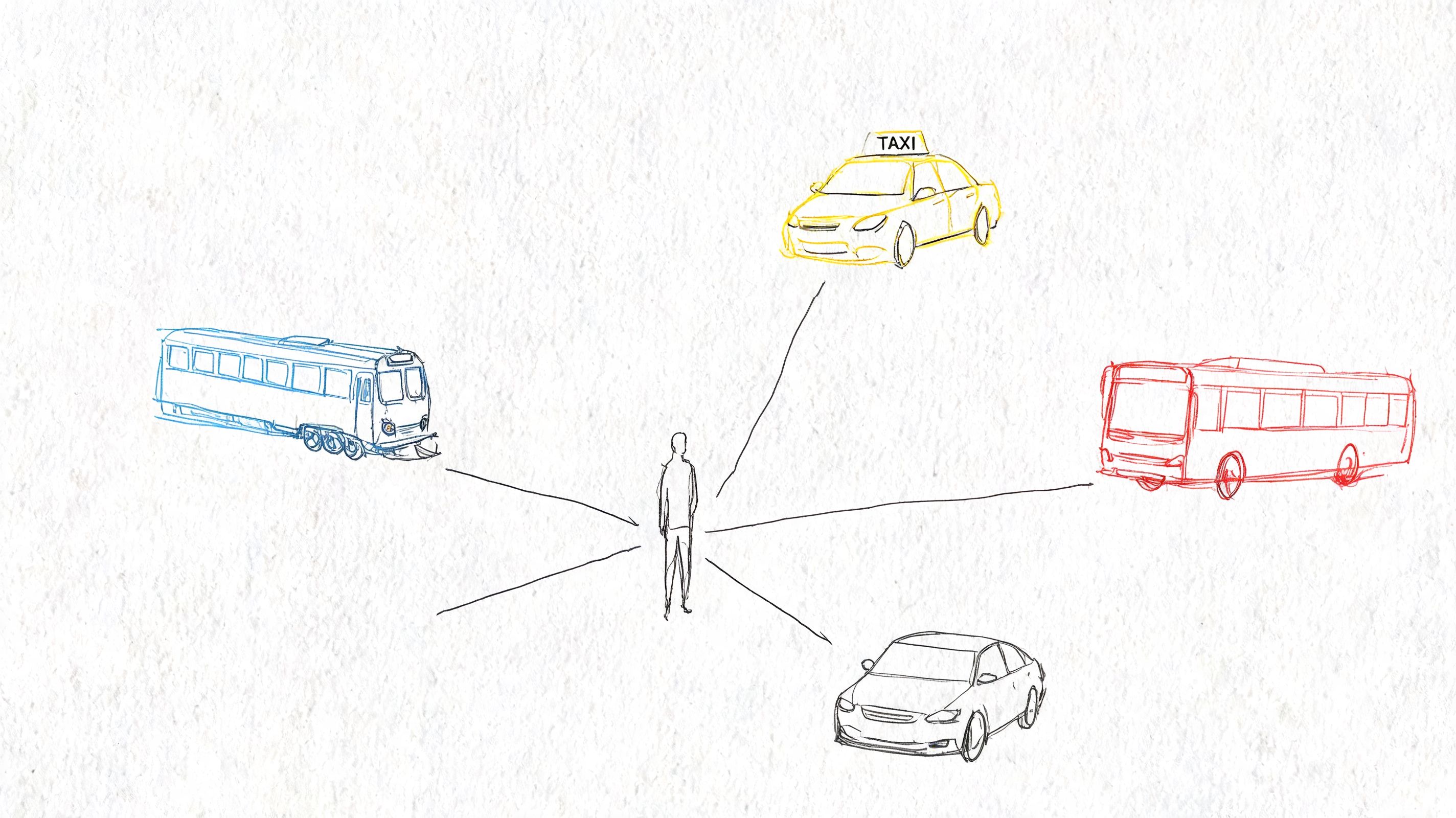 A line art illustration showing a person standing in the center connected to various transport options.