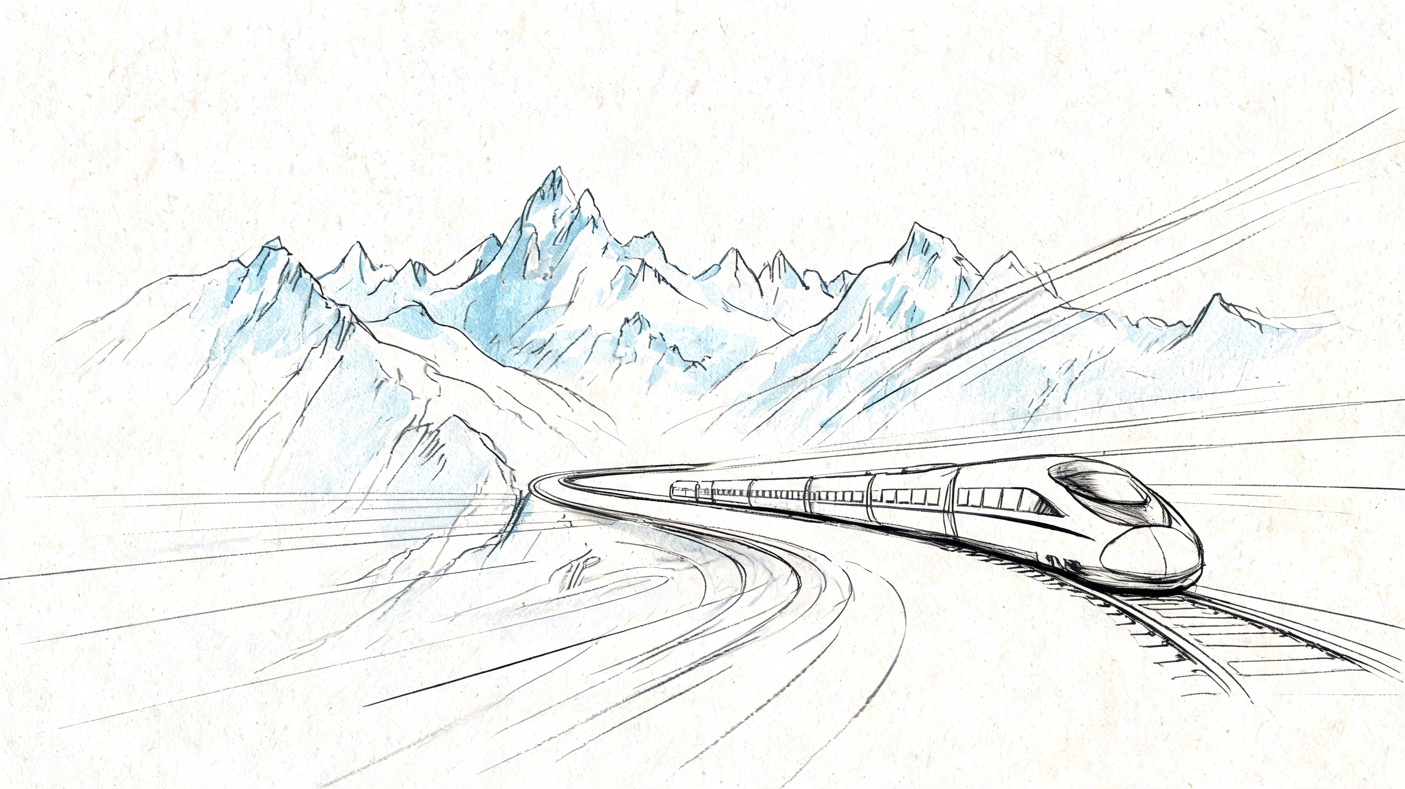 A sleek high-speed train travels on winding tracks through a majestic mountain landscape with snow-capped peaks.