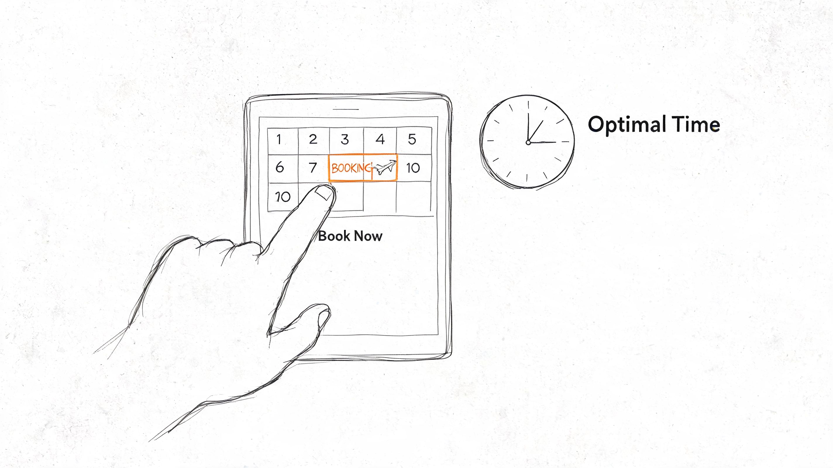 A hand selecting a travel booking date on a digital tablet calendar alongside a clock icon.