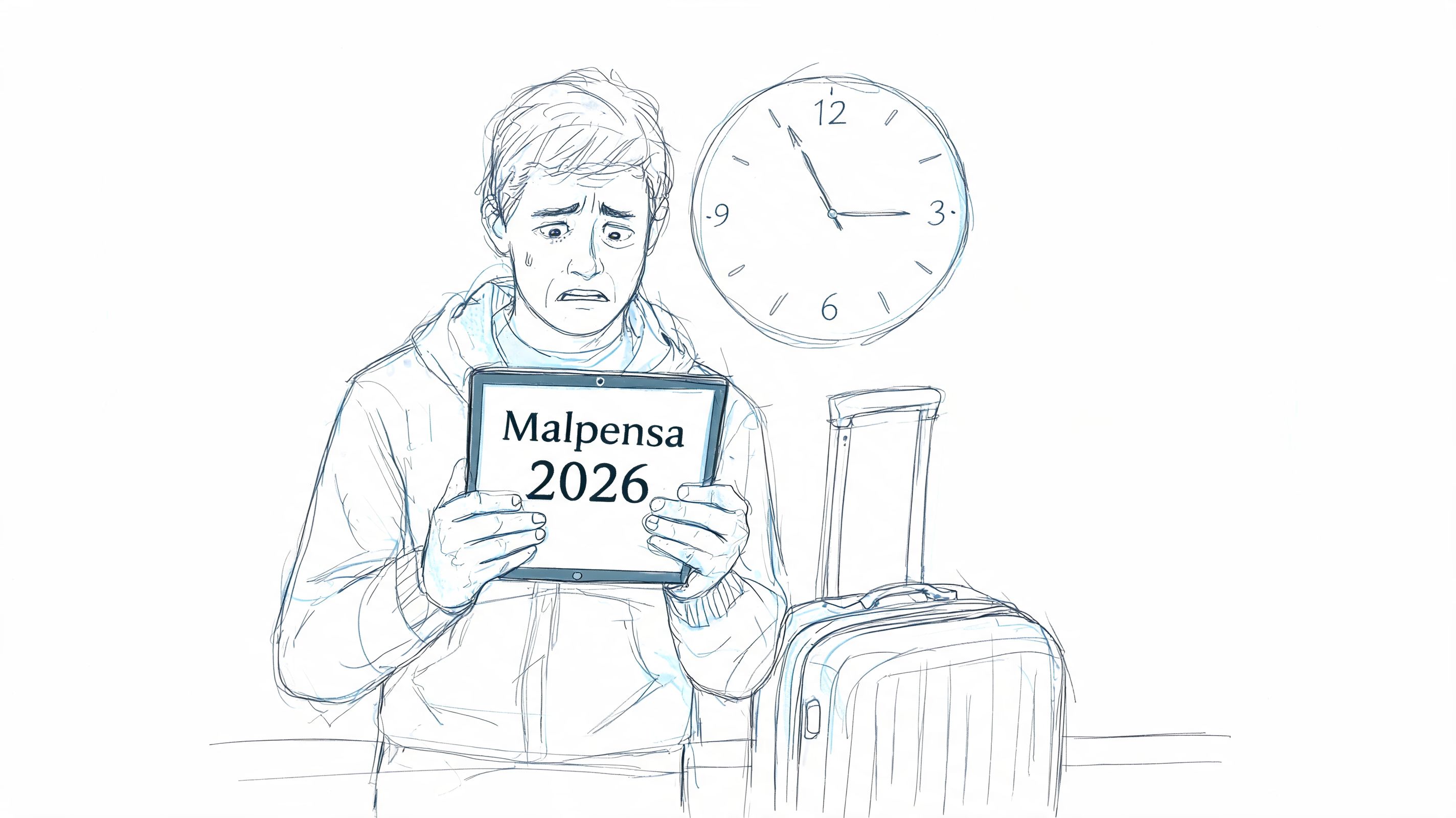 An anxious traveler holding a tablet displaying Malpensa 2026 near a suitcase and clock.